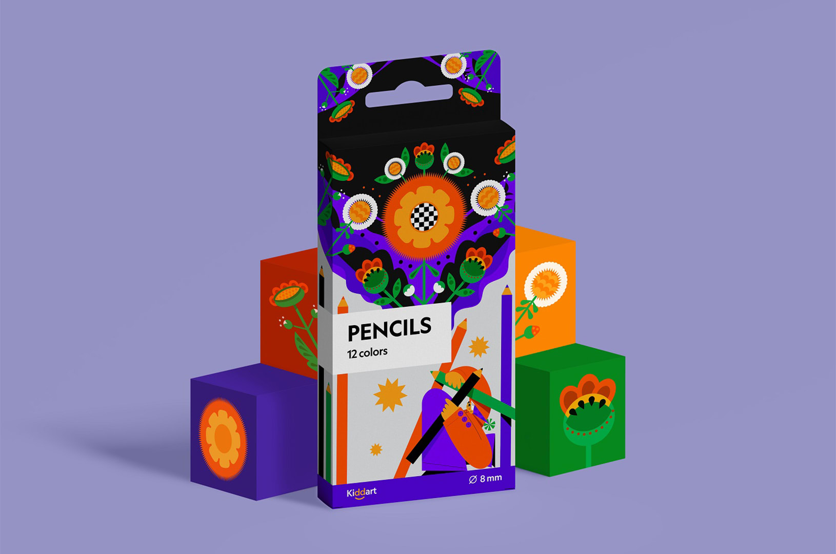 Packaging pour crayons de couleur décoré d'illustrations florales audacieuses dessinées à la main dans des tons orange vif, vert et violet, lui conférant un aspect ludique, semblable à celui d'une galerie d'art — un parfait exemple de la tendance de packaging 2026 Signature d’artiste