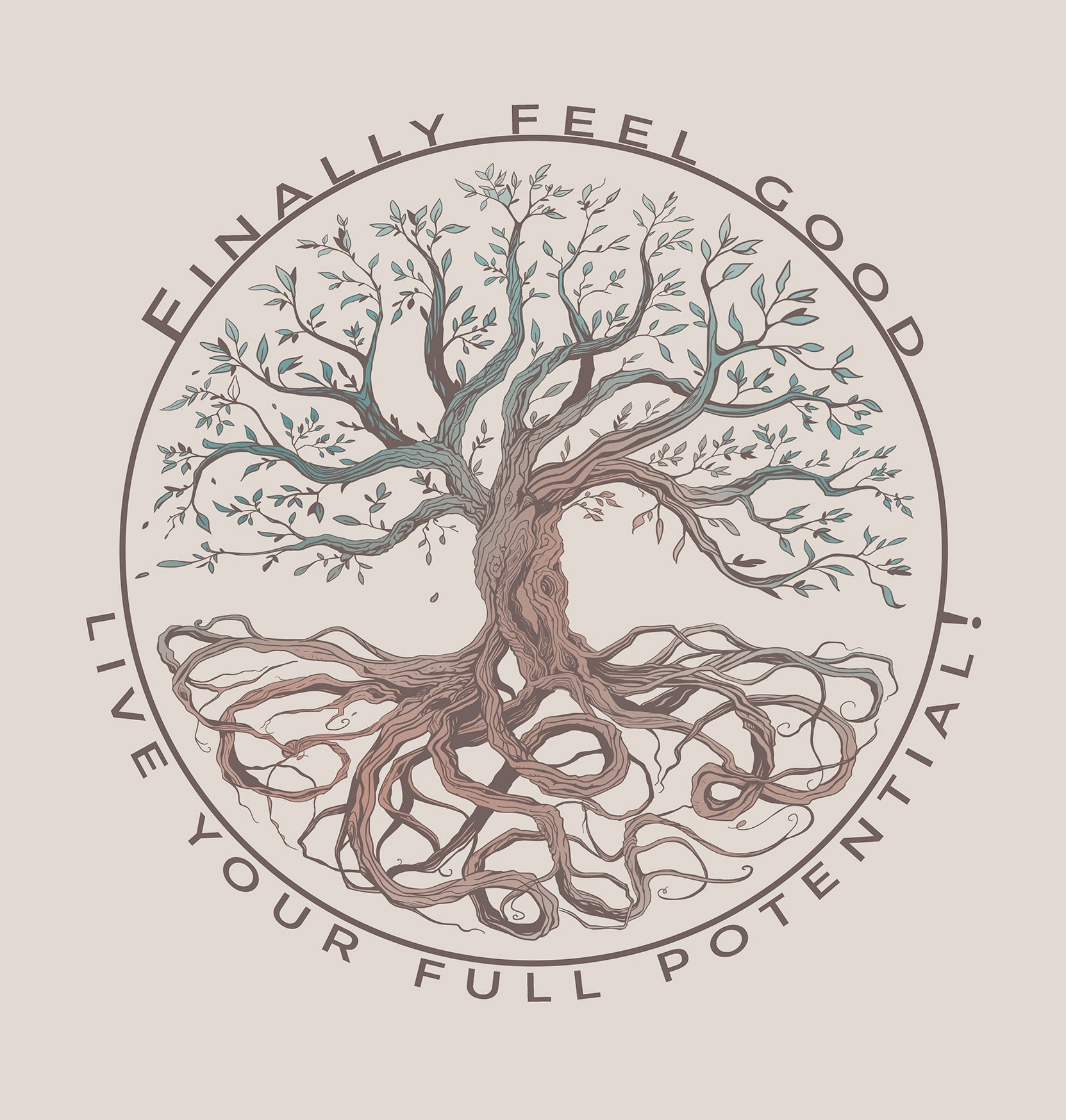 pastel-toned design featuring a tree in a circular logo with text around the perimeter