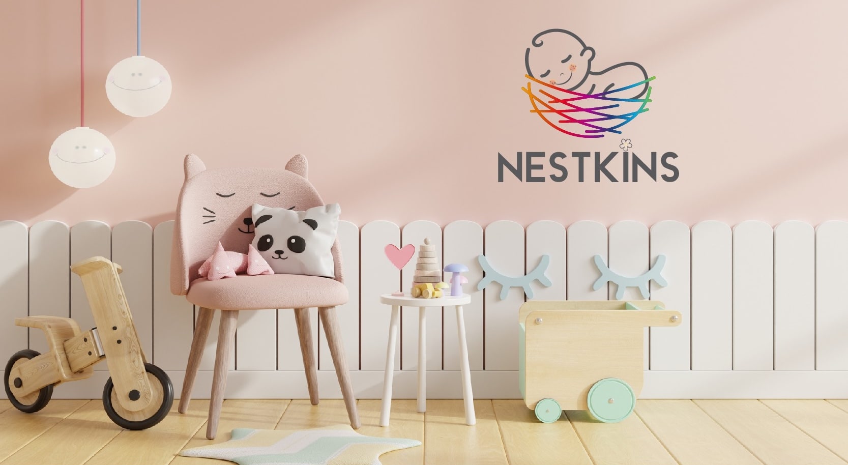 baby's nursery with toys and the "nestkins" logo