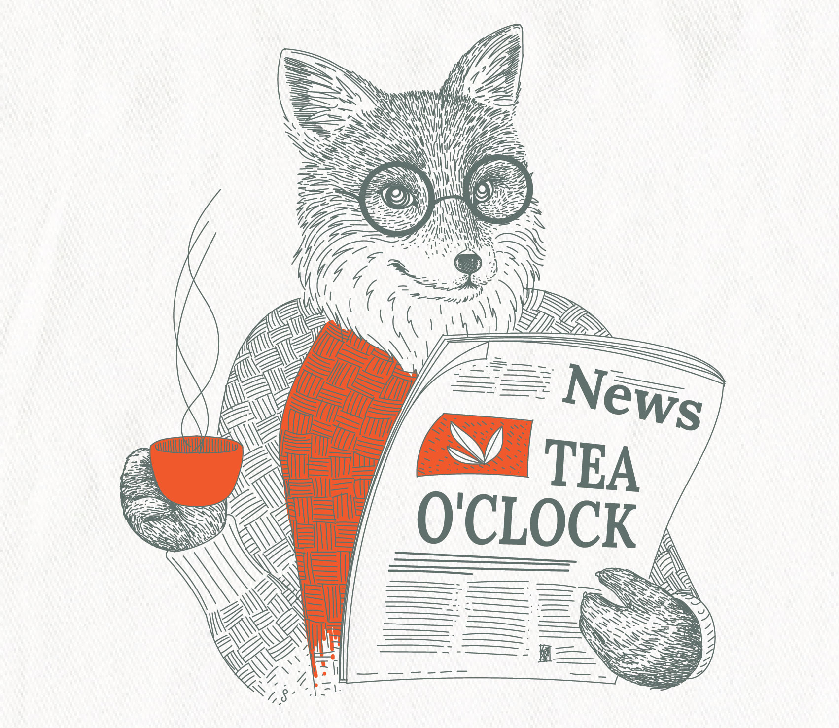 fox drinking tea reading paper illustration