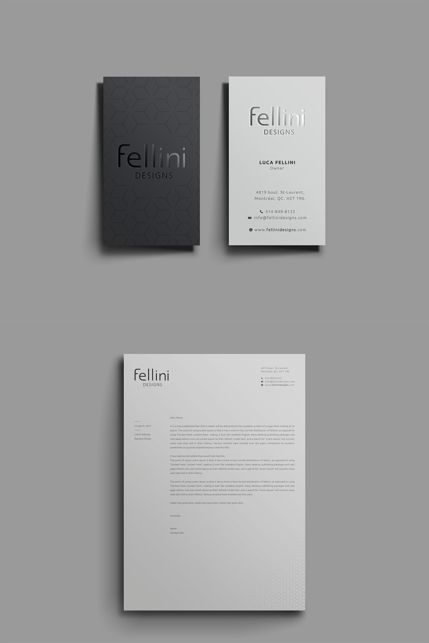 Black and white business card design for an interior design brand