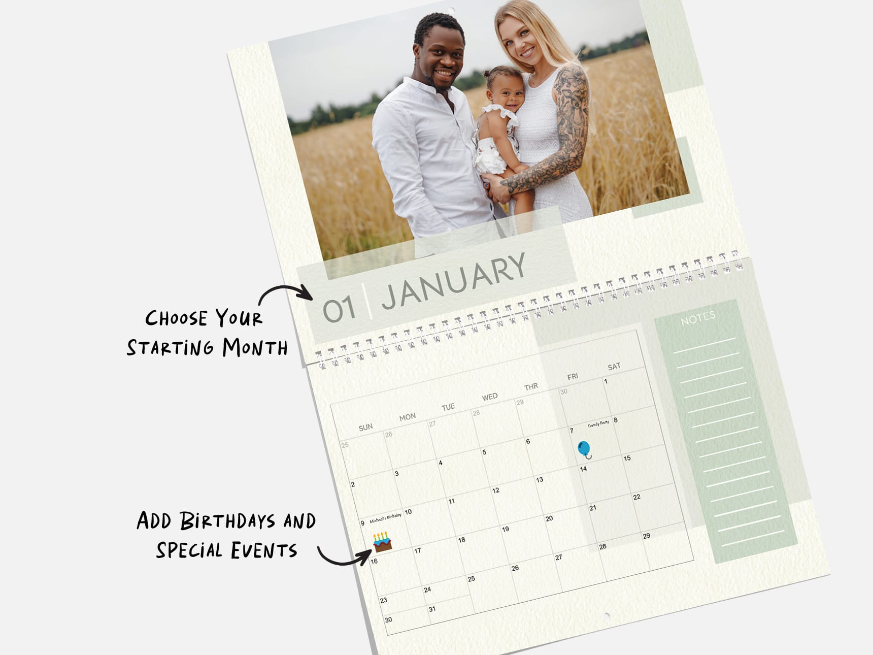 Custom wall calendar with special events and birthdays marked