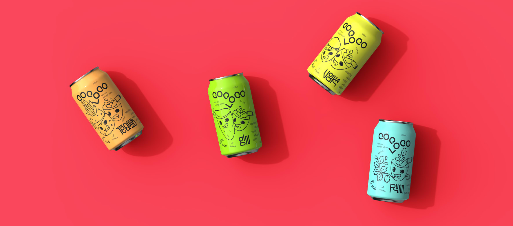 Cocktail cans with hand-drawn mascots demonstrating the Marker Pen Mascots packaging design trend