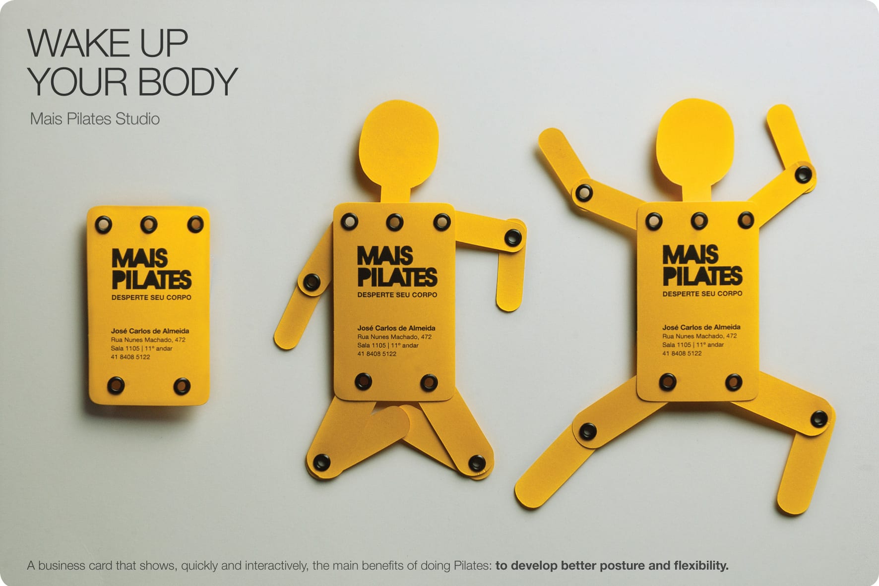 Business card for a pilates business shaped like a person in movement
