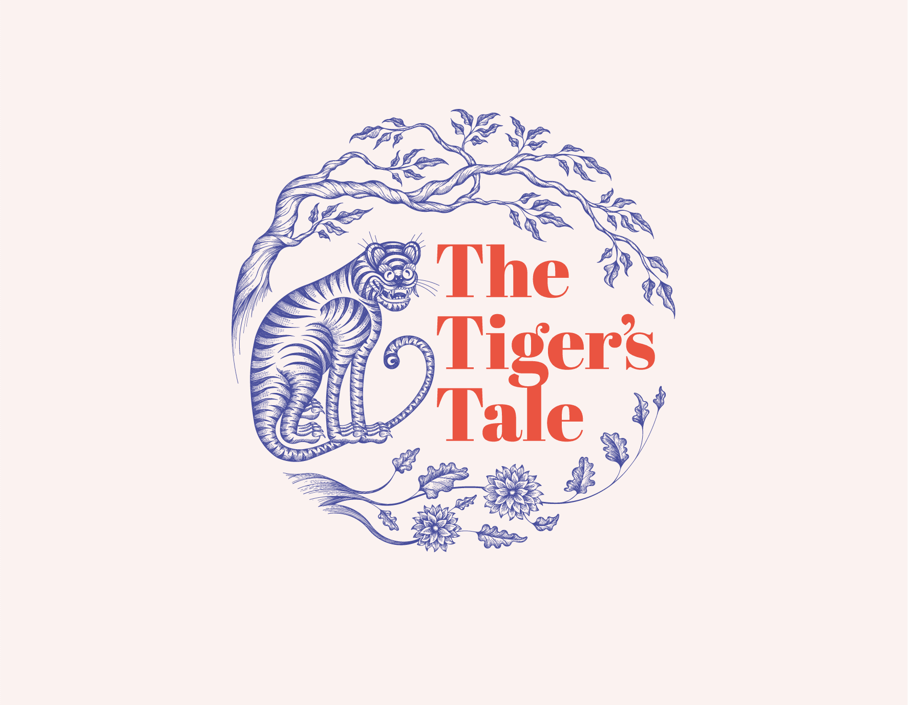 Line drawn logo of a tiger sitting under a tree, entitled
