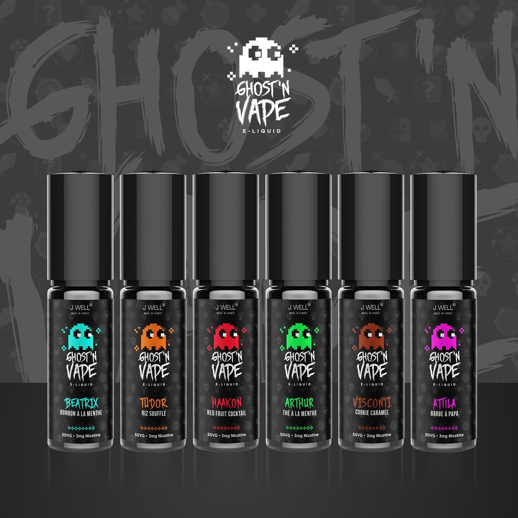 set of vape liquids with retro video game ghosts on them