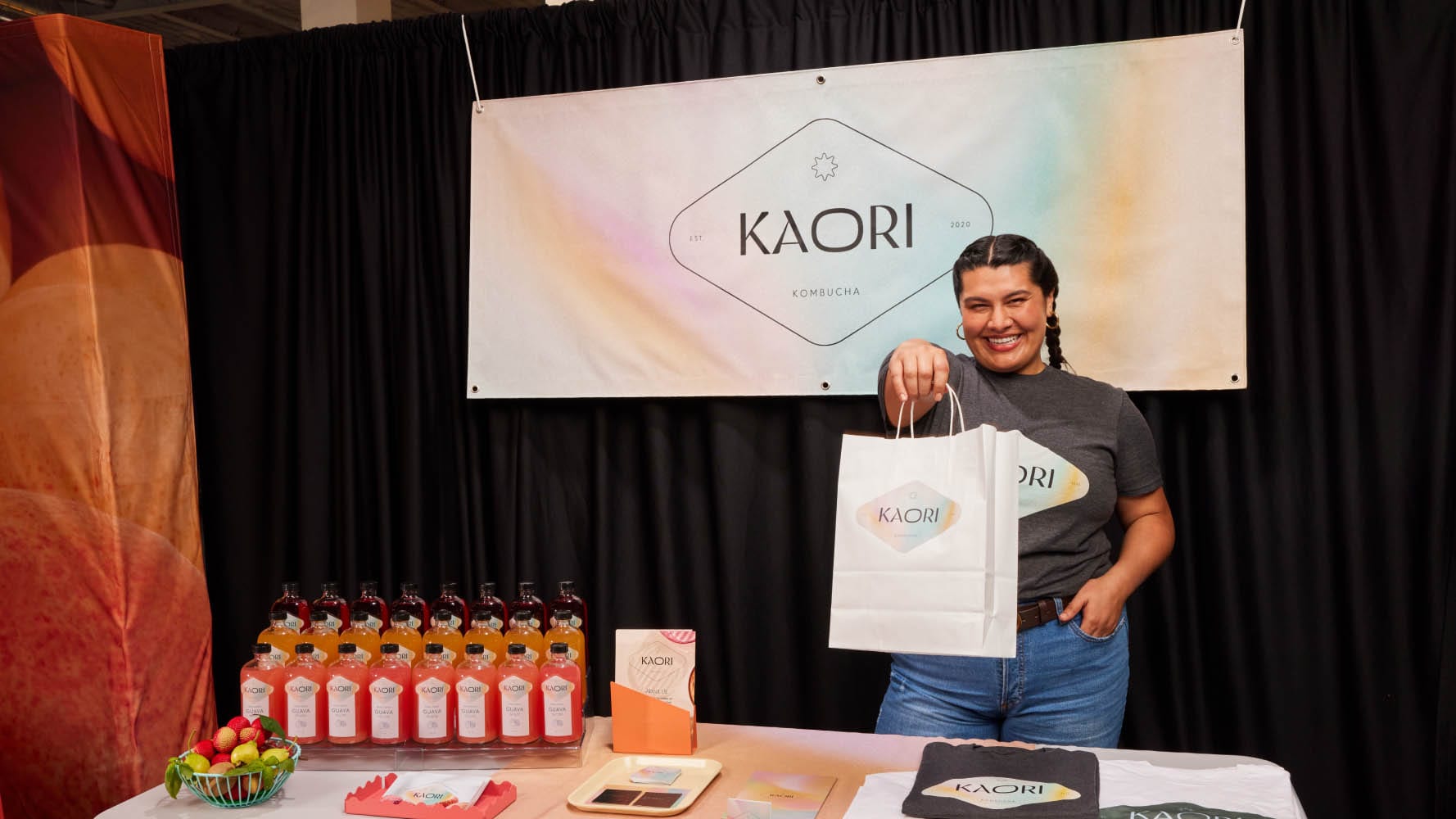 VistaPrint promotional products at a trade show booth