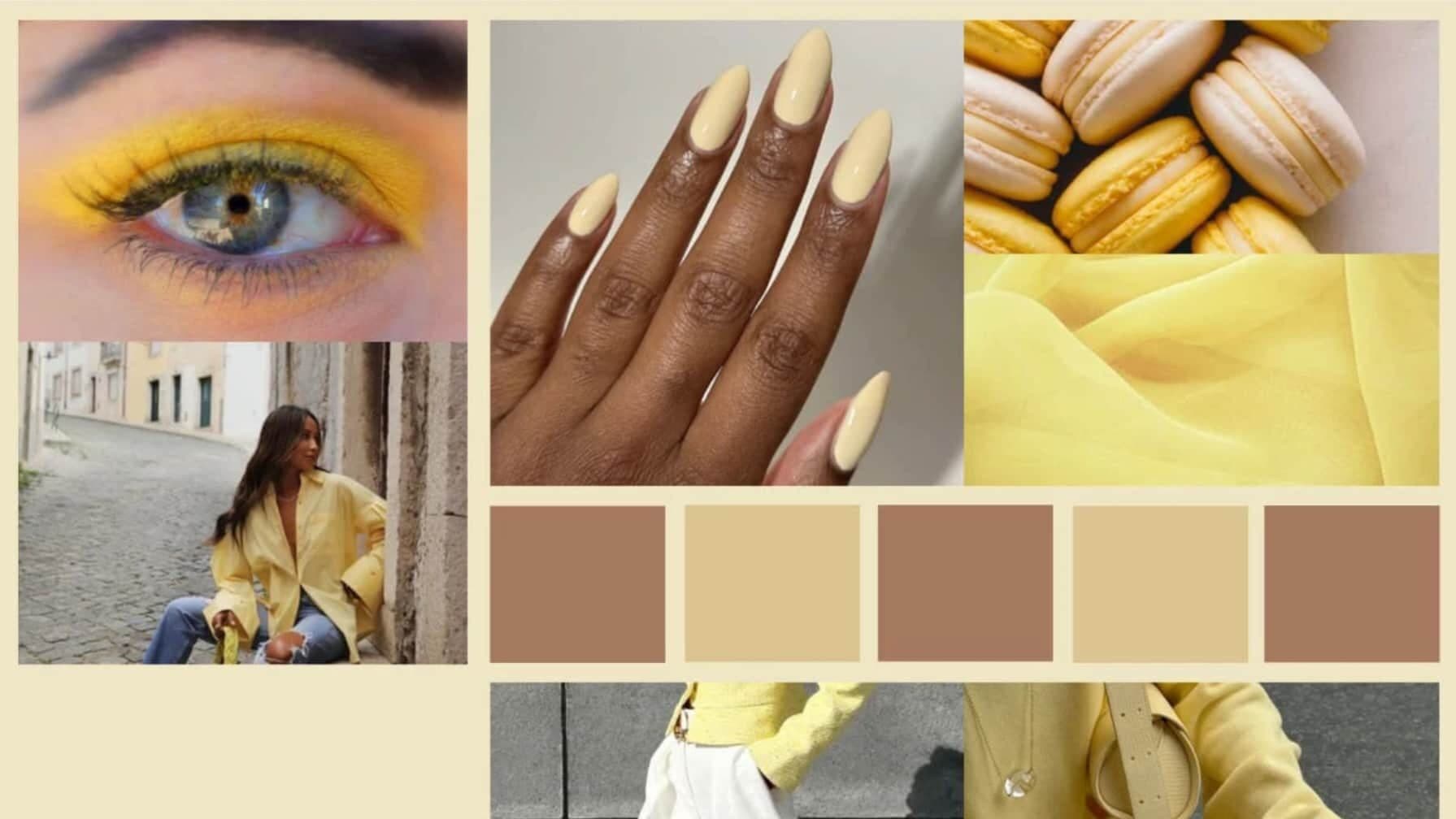 Banana Yellow color trend 2026 moodboard featuring eyeshadow, pointed finger nails, soft fabric, macarons and clothing in the pastel color
