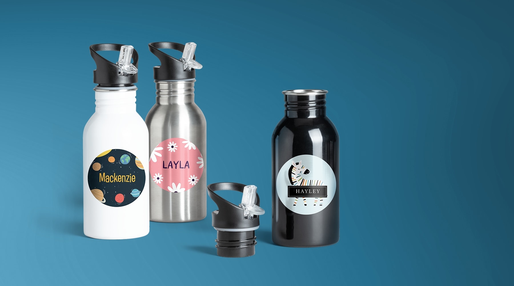 Personalized water bottles with name and cute illustration of planets, flowers and animals
