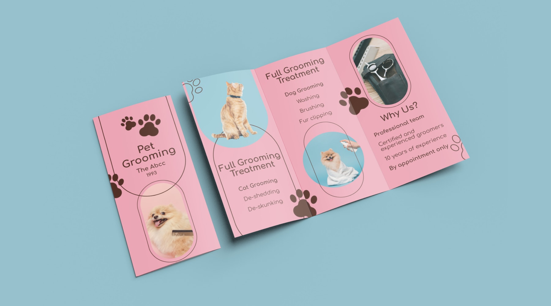 Pet grooming tri-fold folded leaflet design.