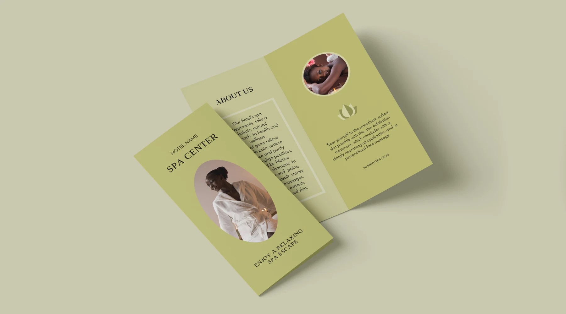 Green spa business bi-fold folded leaflet design with an about us section