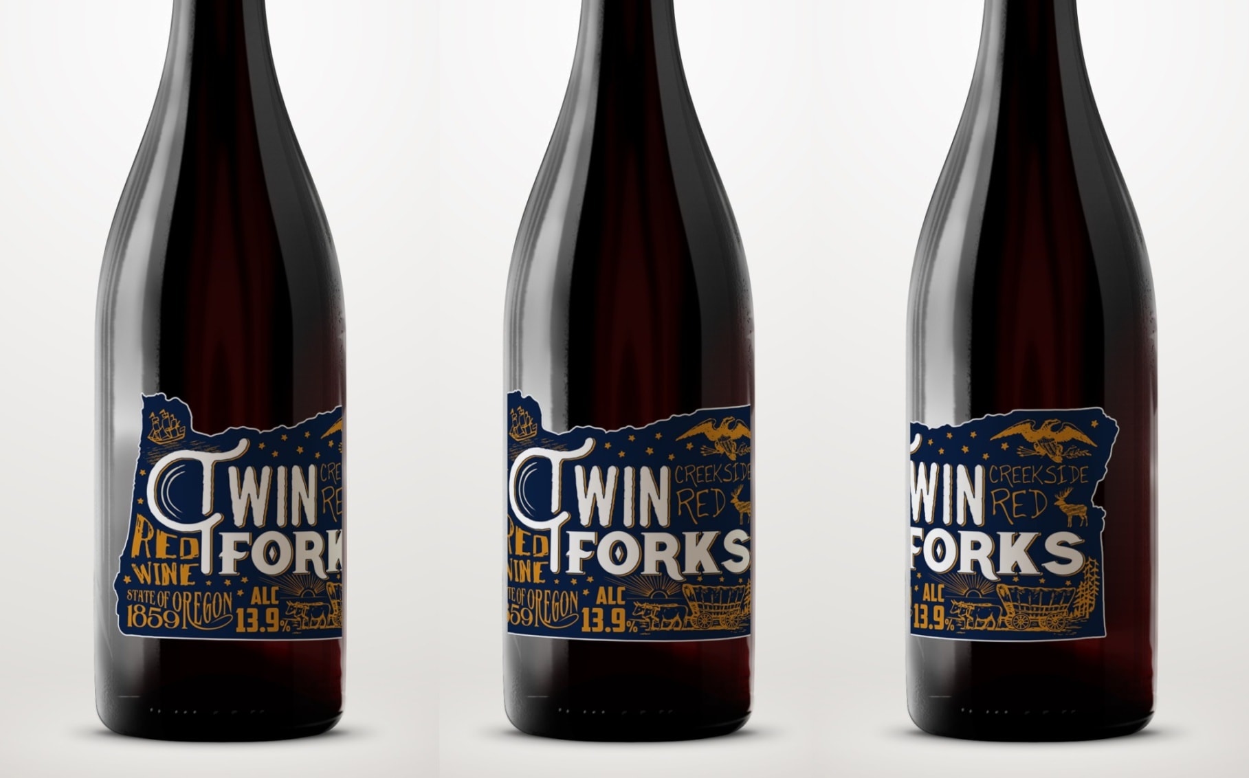 blue wine label with yellow text explaining the brand story