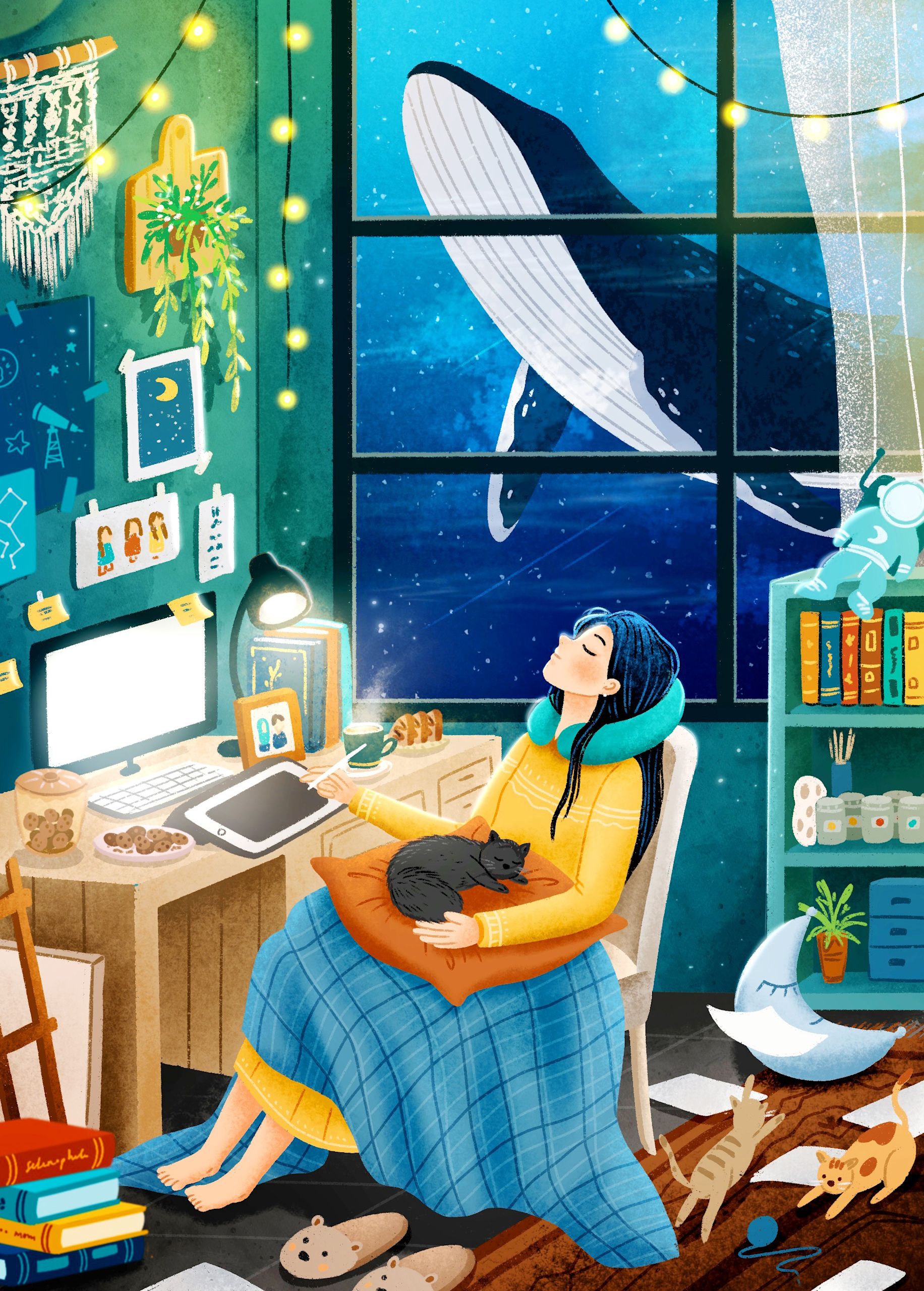 Illustration of a digital artist working at her home studio