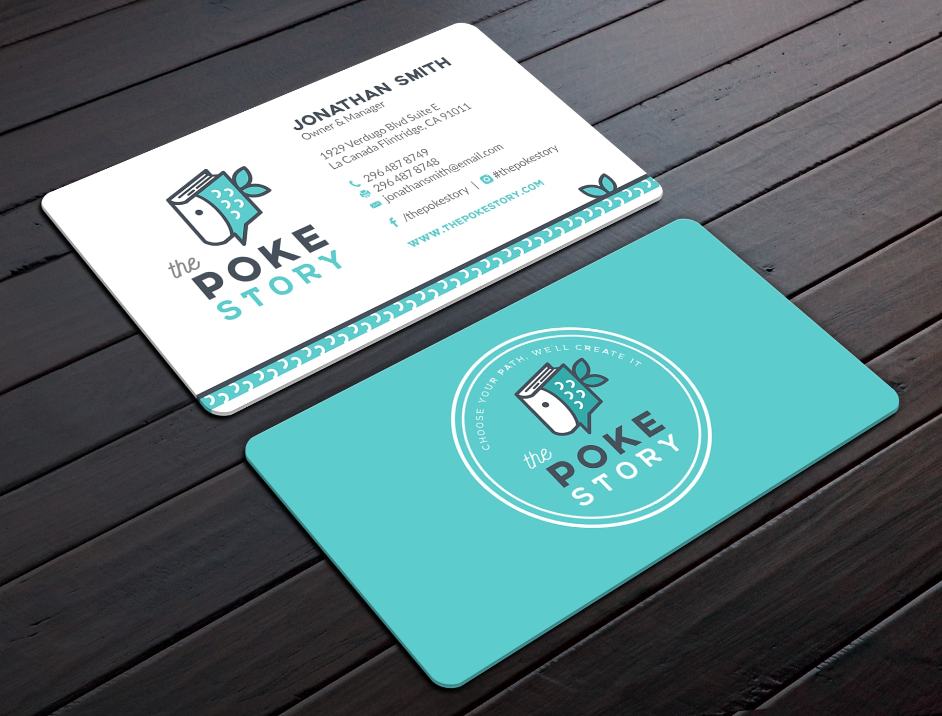 Front and back view of the light blue and white themed business card design for The Poke Story