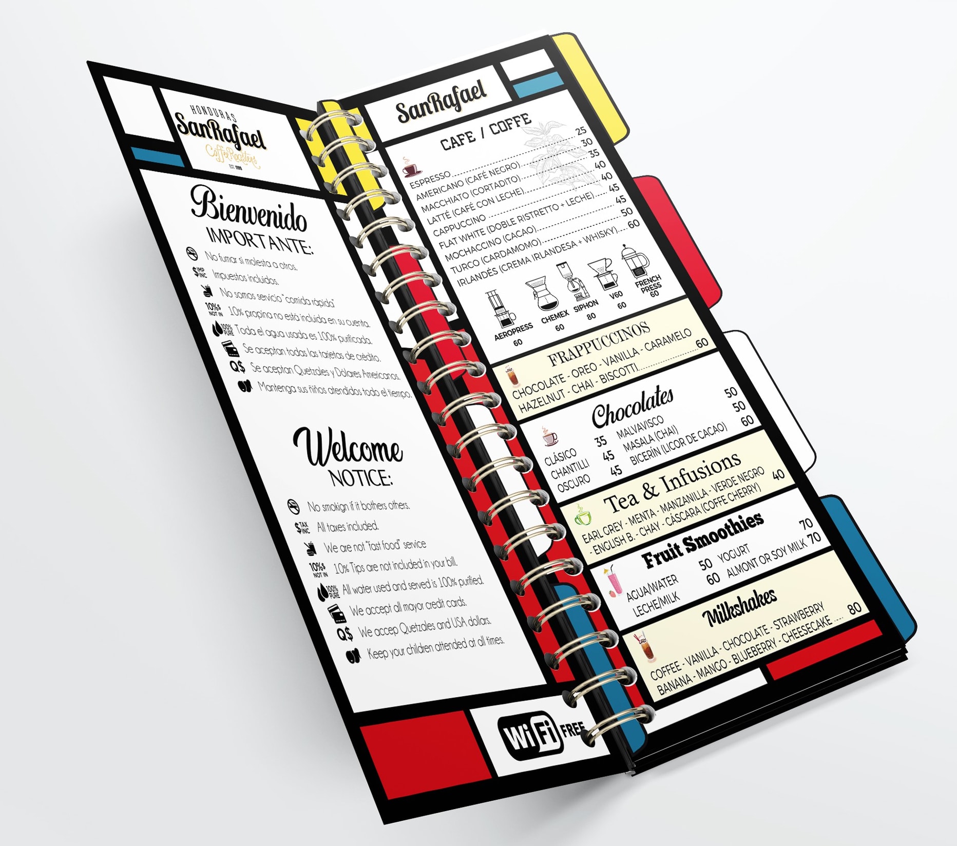 Modèle de menu pour un café combinant les couleurs de la marque et des motifs cubistes