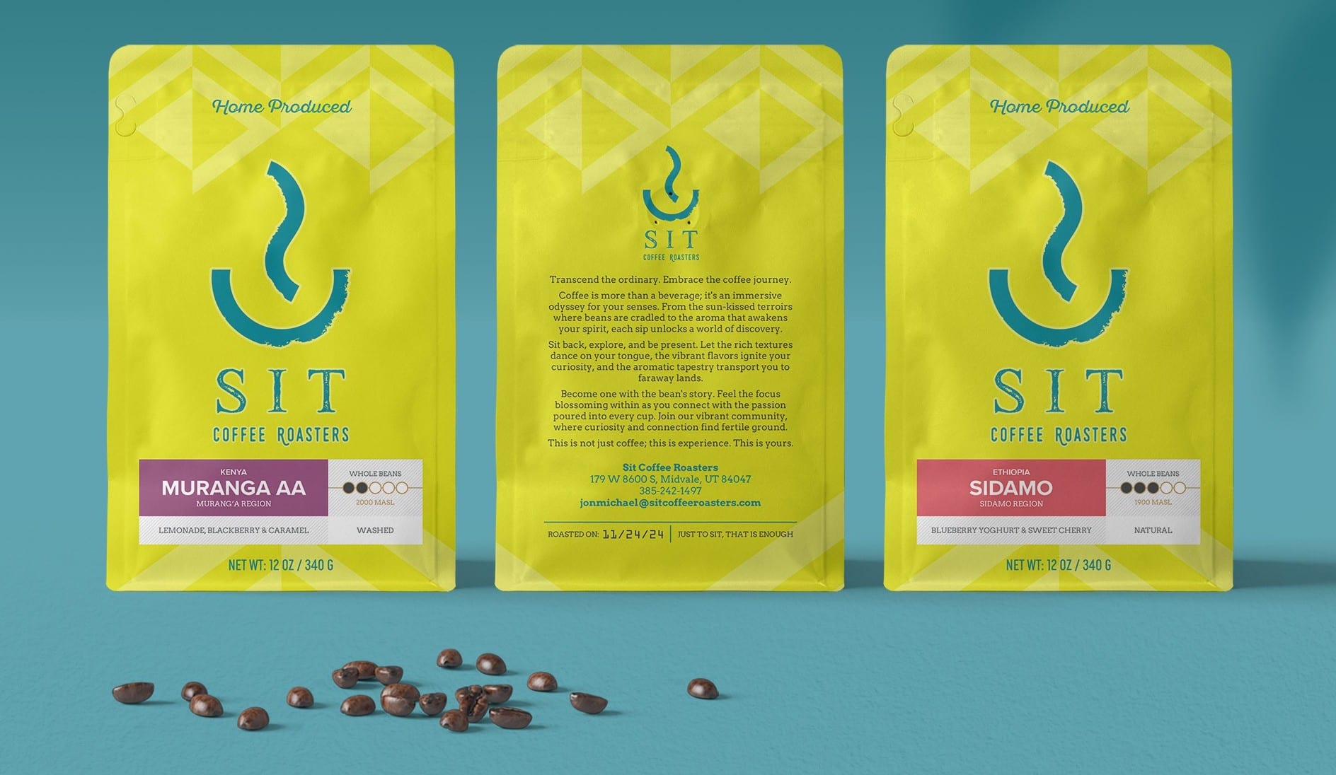 Bright green and blue packaging for a coffee roasting brand called "SIT"