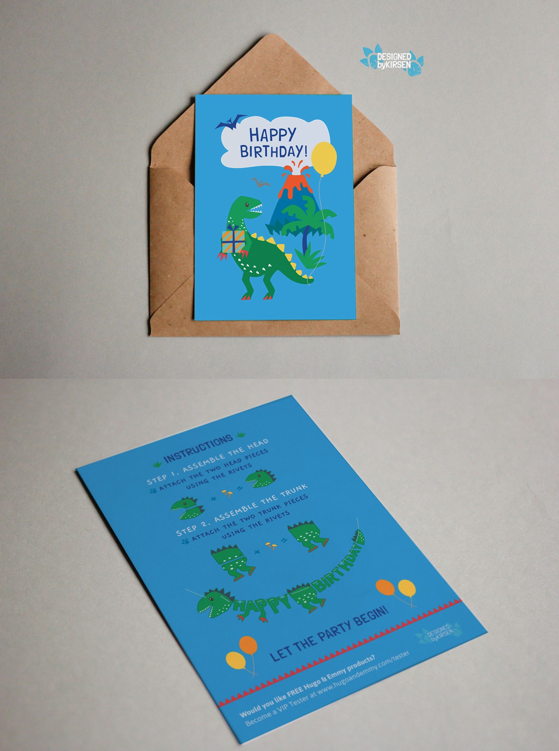 birthday card design featuring a dinosaur