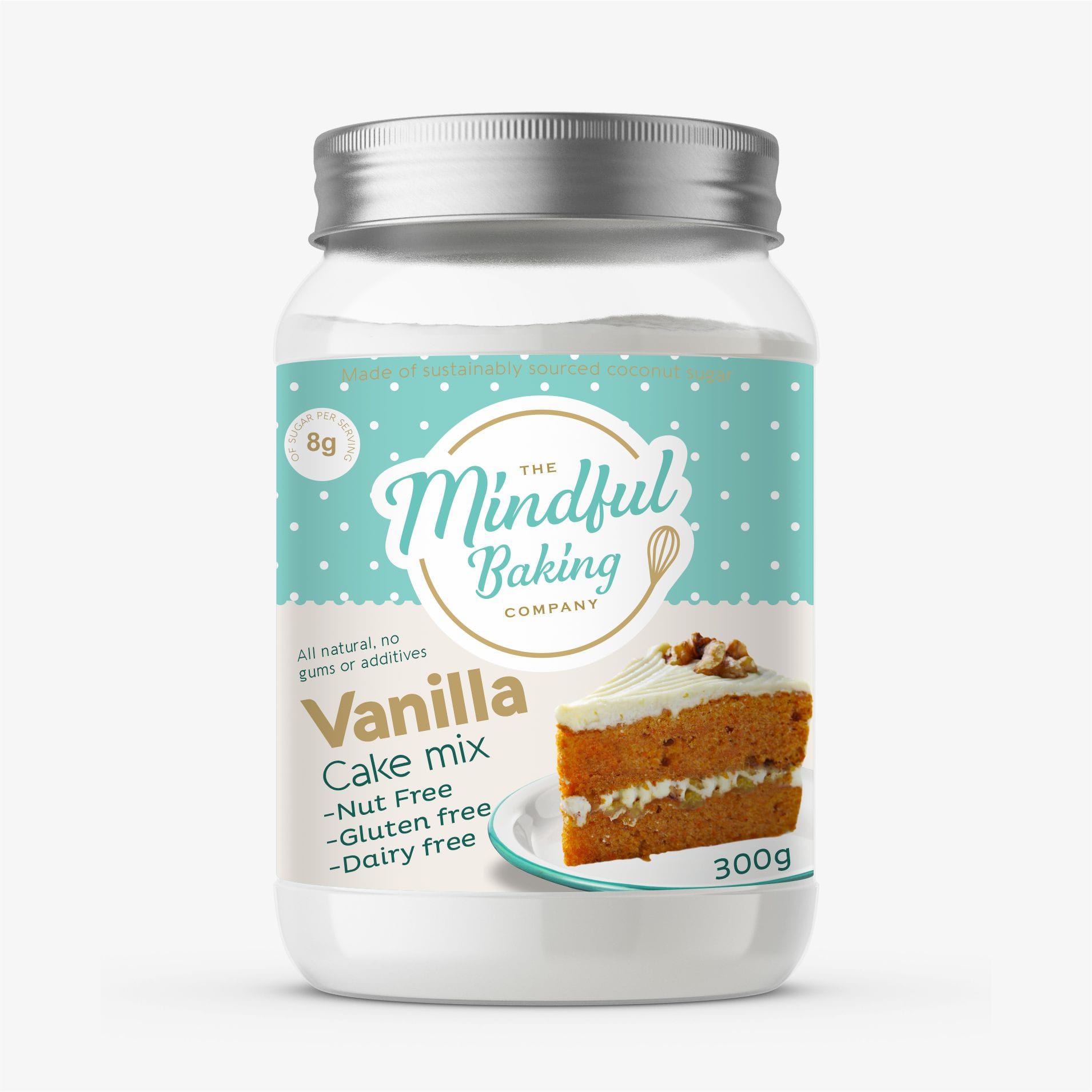 merchandise branding with cake mix in a container with a green label and photo of a carrot cake slice