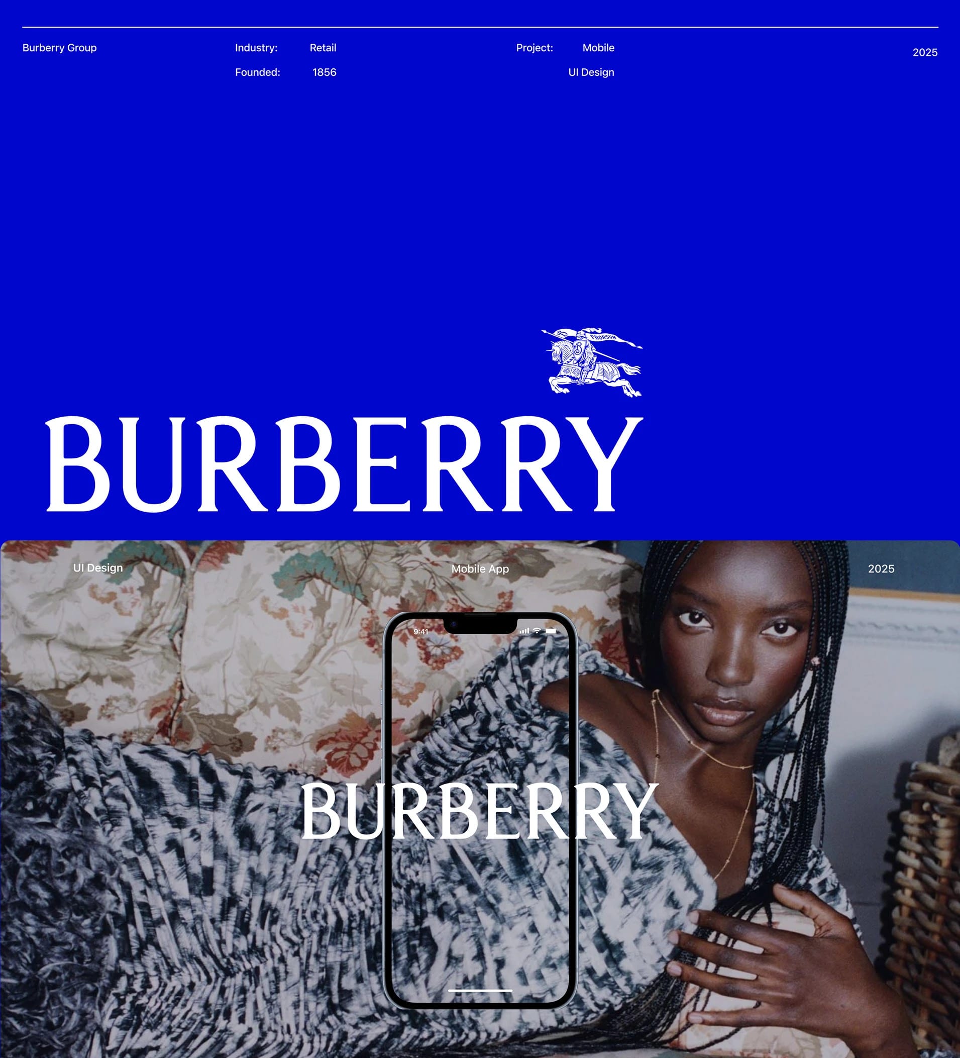 Burberry logo on a blue background