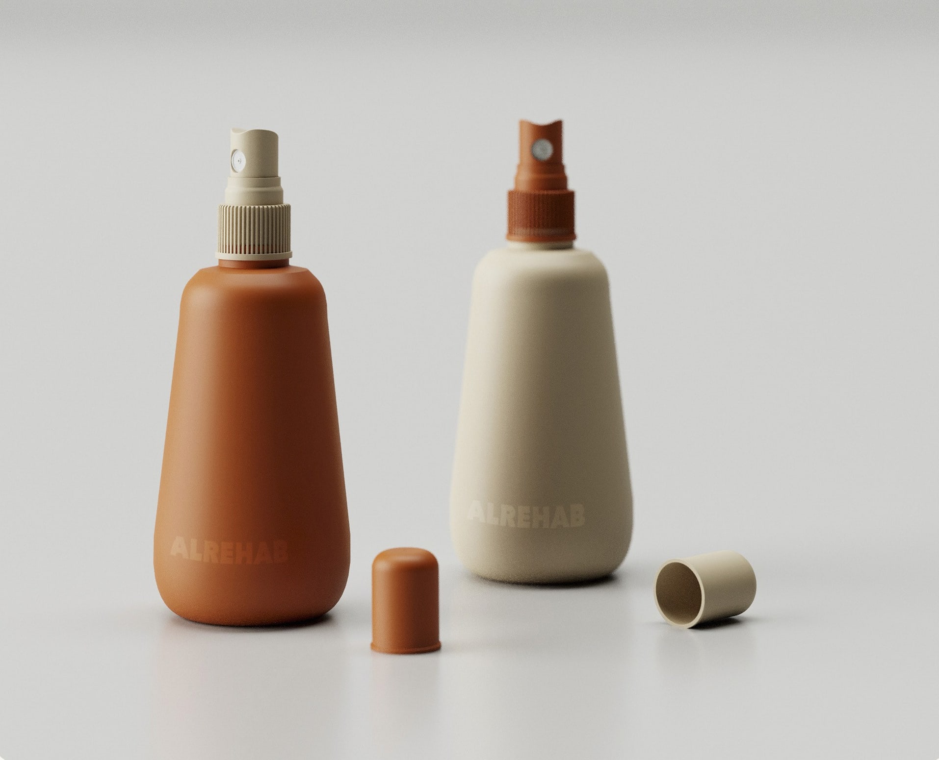 Exemple de la tendance de couleur 2026 Mandarine Disco illustrée sur deux vaporisateurs aux tons contrastés orange foncé et pierre