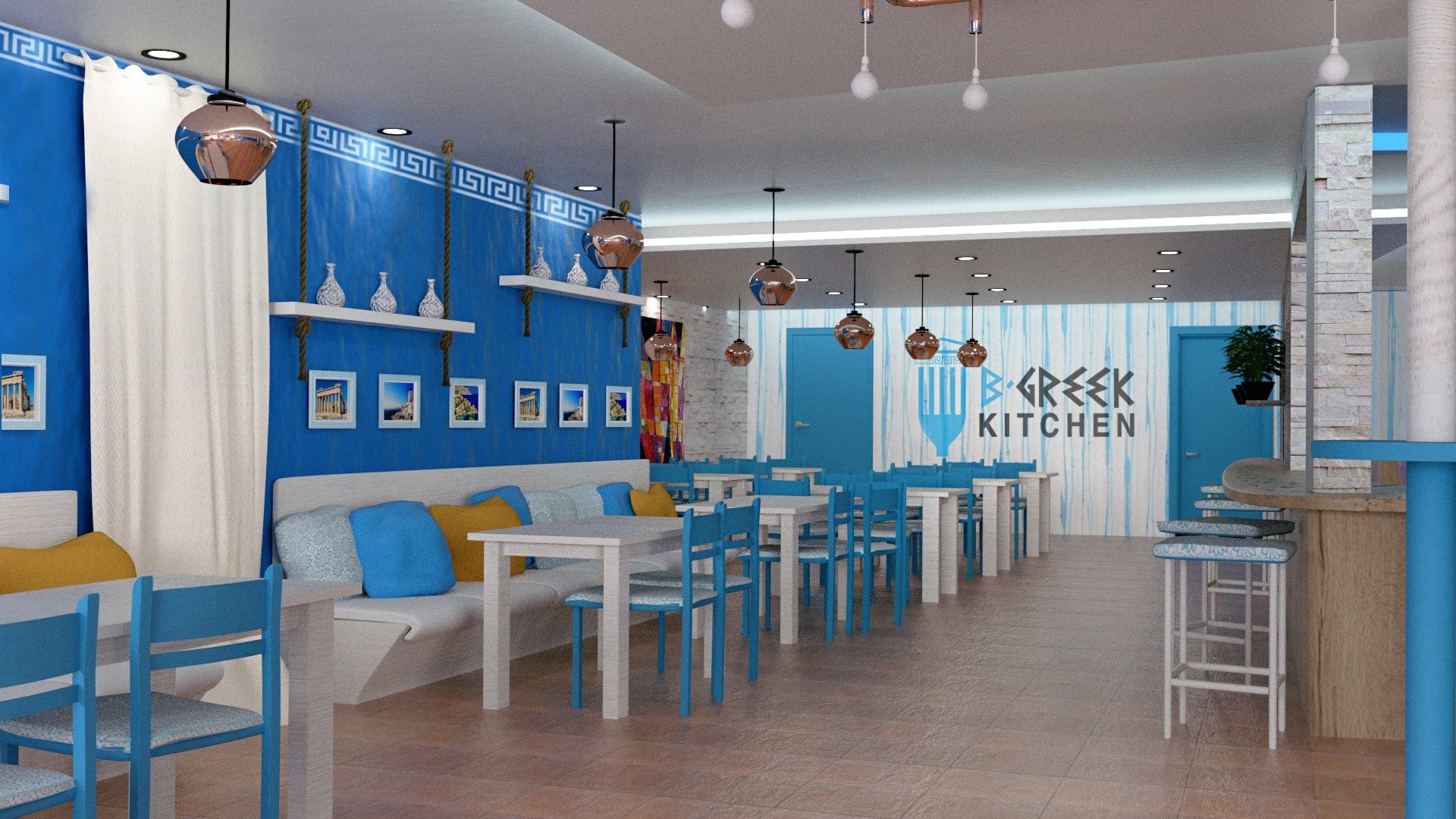 3D render of a Greek restaurant in blue and white