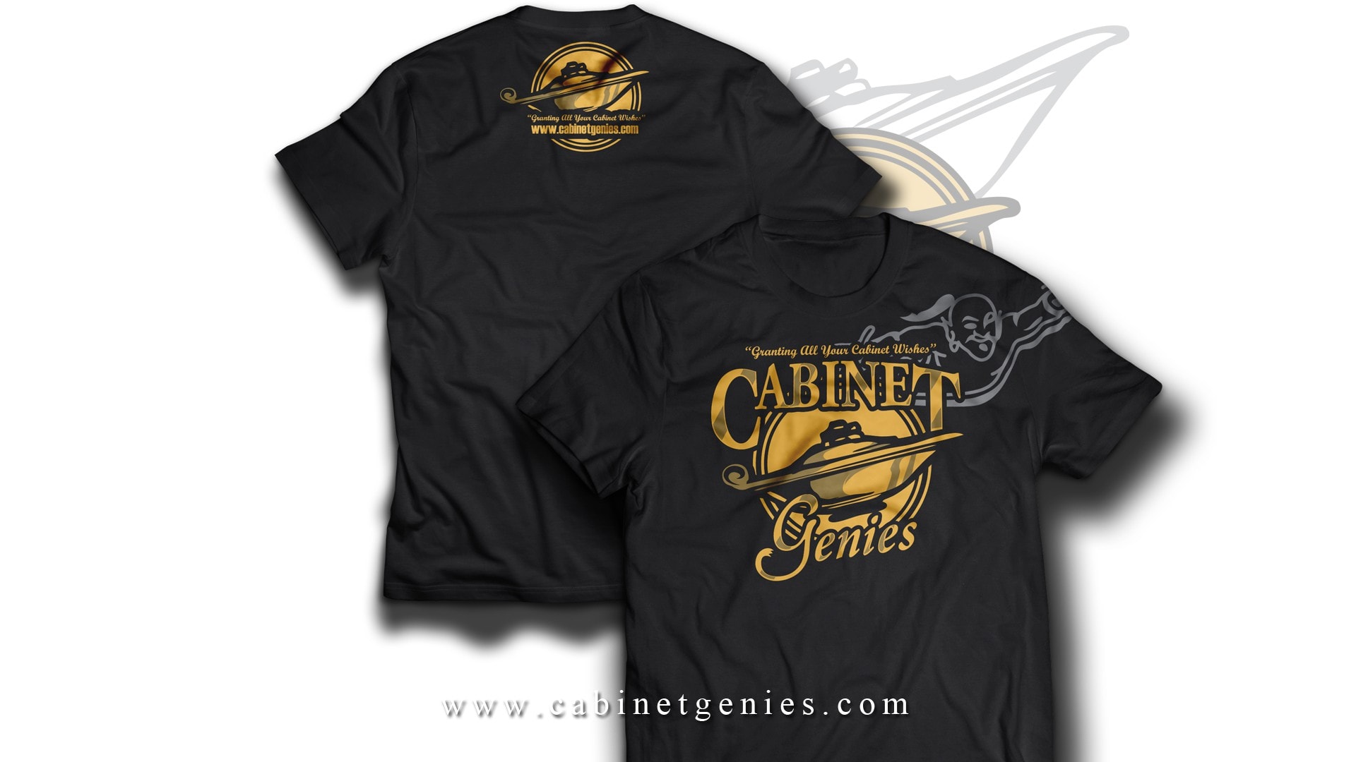 Back-neck t-shirt design with full-center front for Cabinet Genies brand