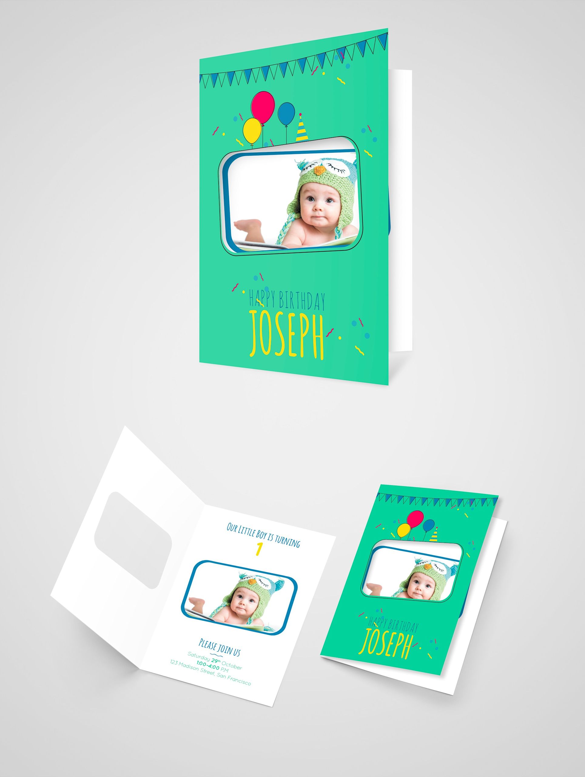unique birthday card design featuring a baby’s face