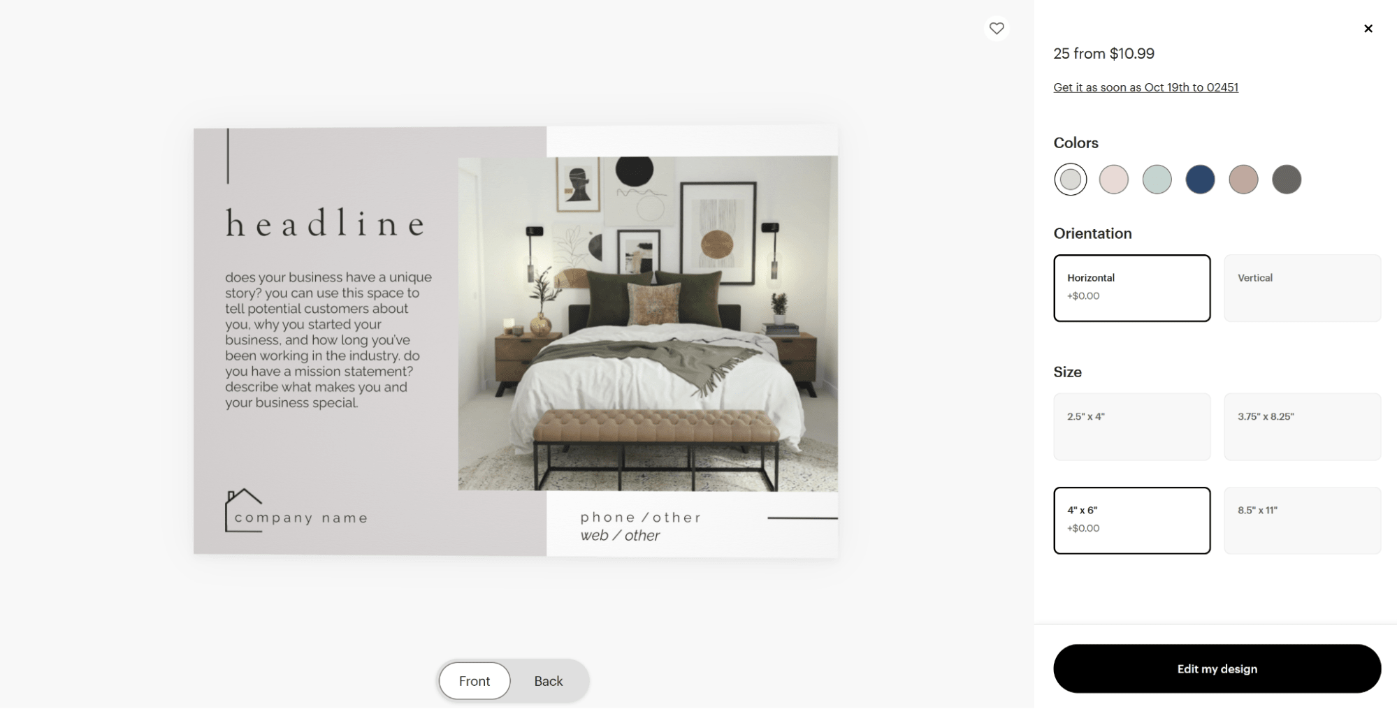 VistaPrint choose template page with a preview of a flyer on the left and options to change colour, orientation and size on the right