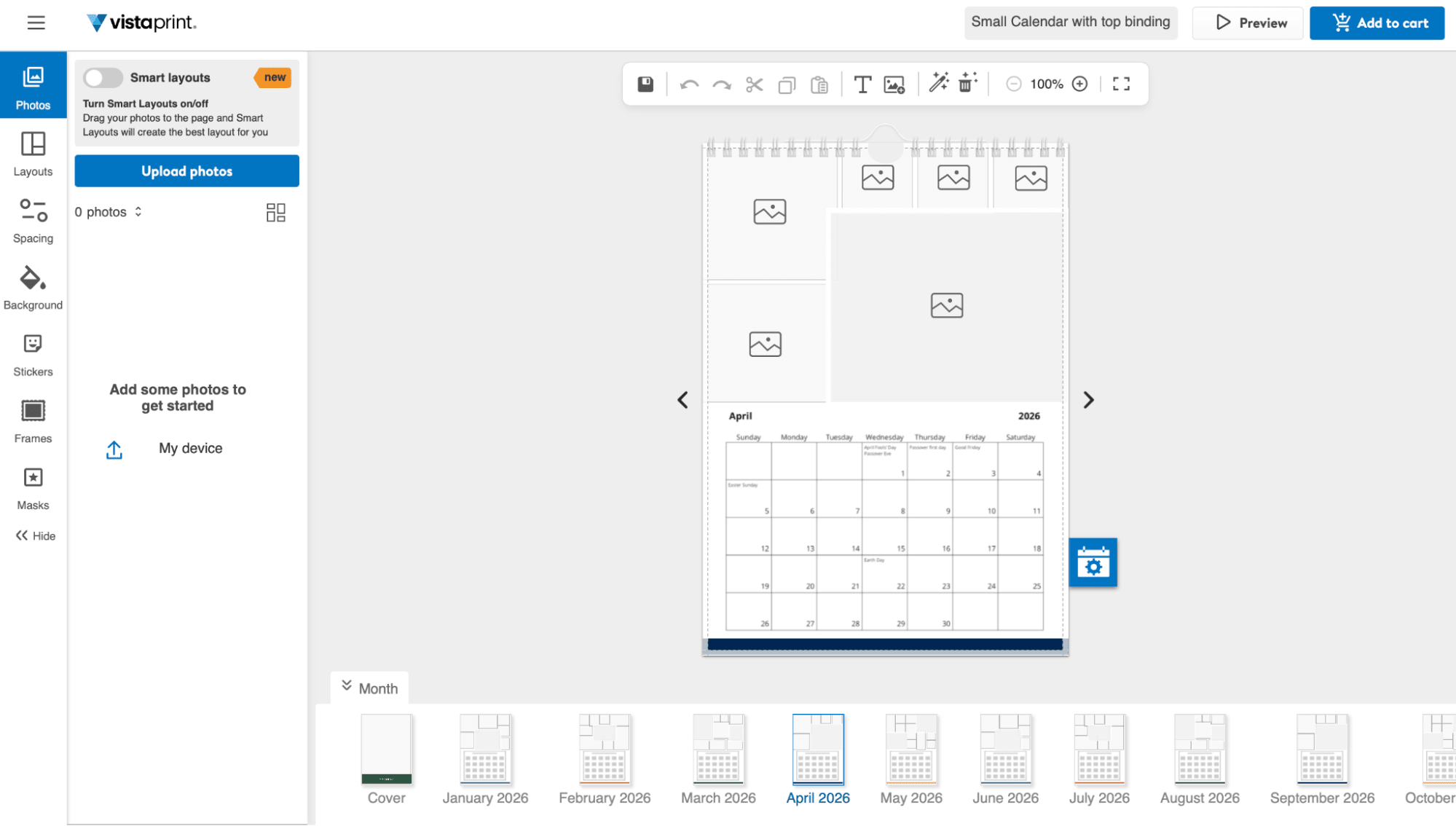 Une capture d’écran de l’éditeur intégré de VistaPrint pour la création d’un calendrier photo