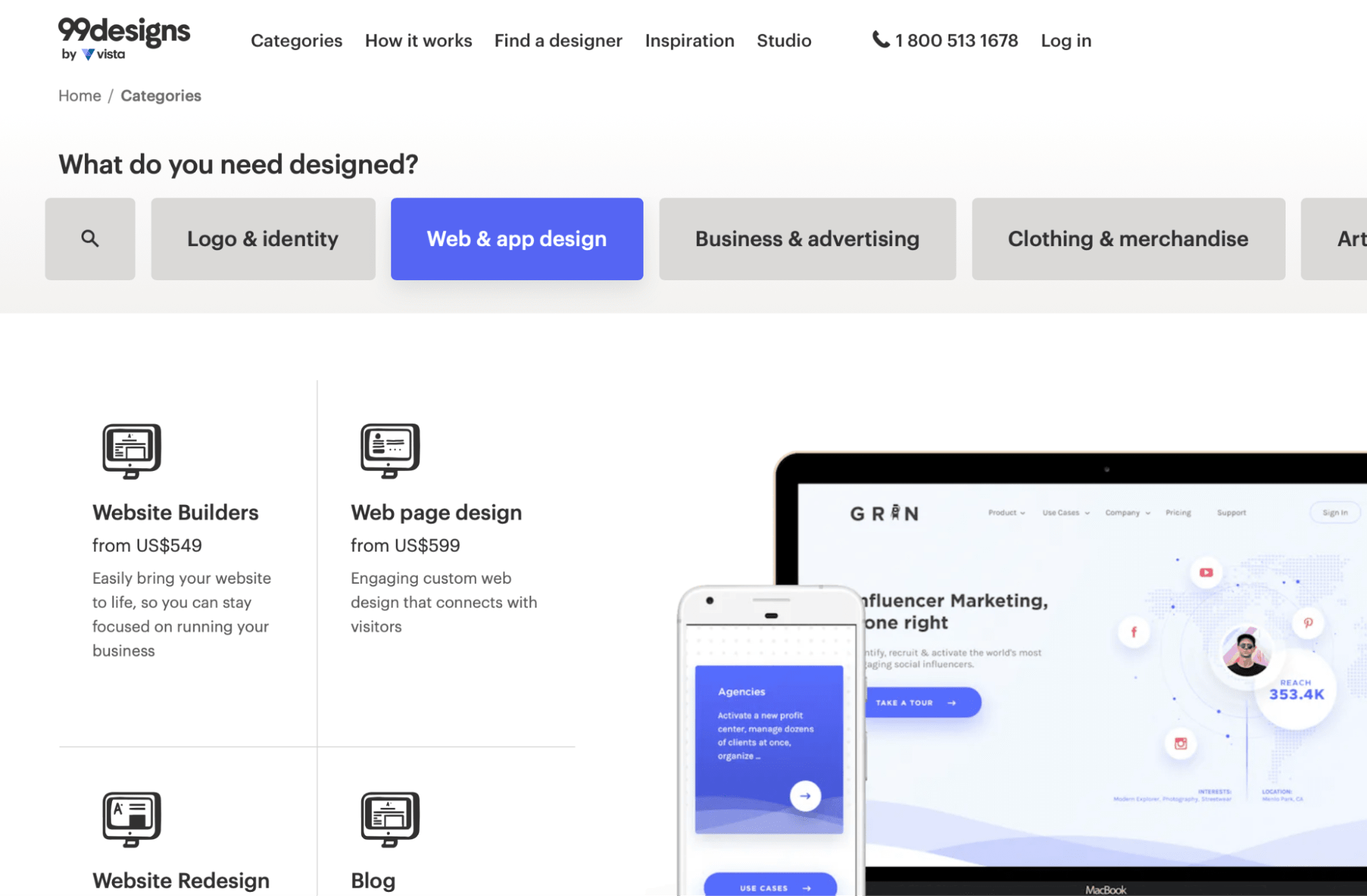 A screenshot of the 99designs by Vista landing page