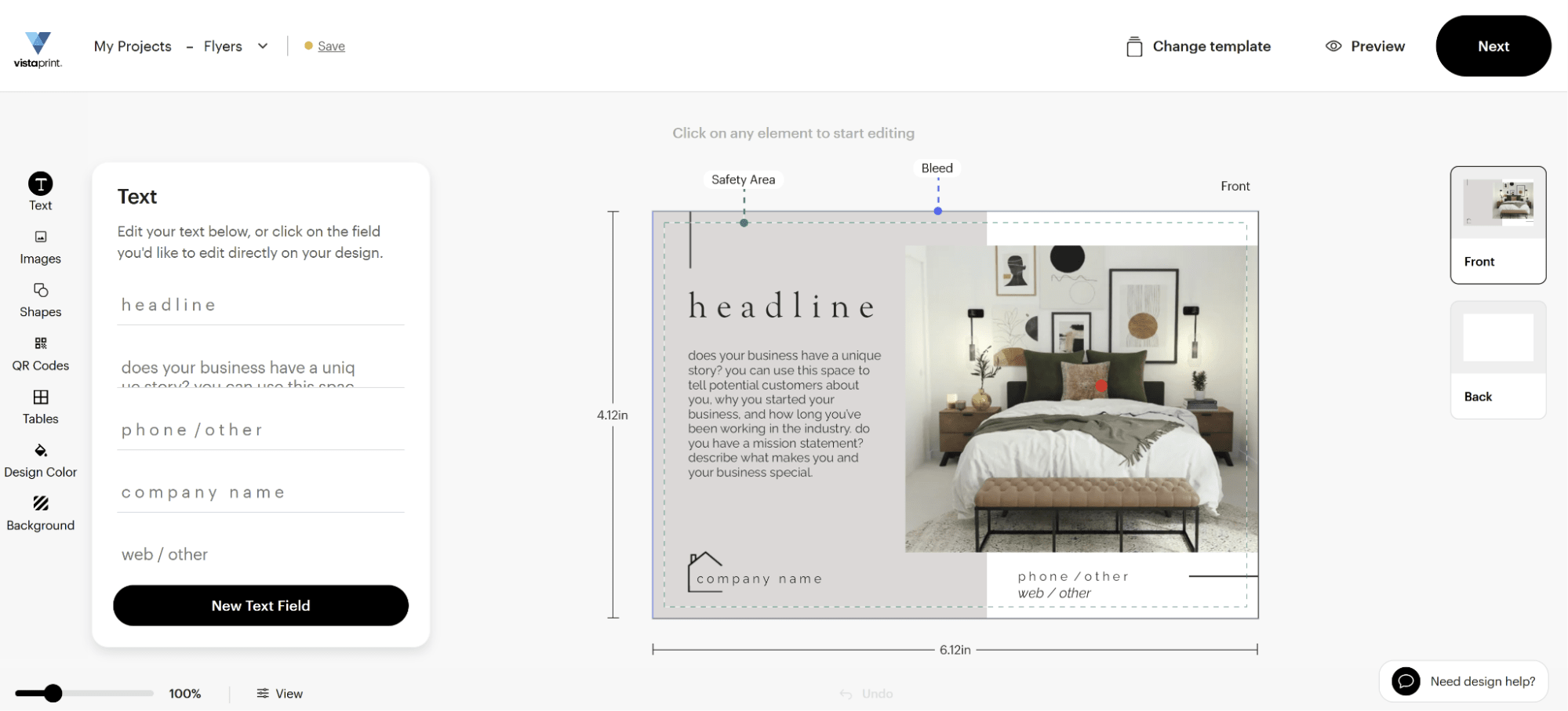 VistaPrint edit template page