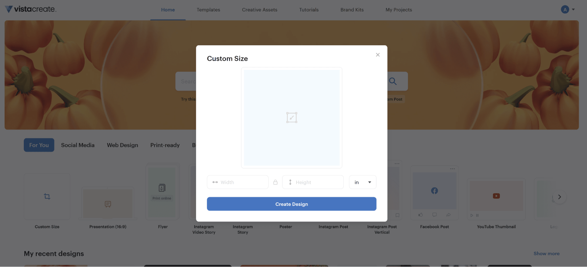 Page d&rsquo;accueil de VistaCreate avec la fen&ecirc;tre permettant de personnaliser le format.