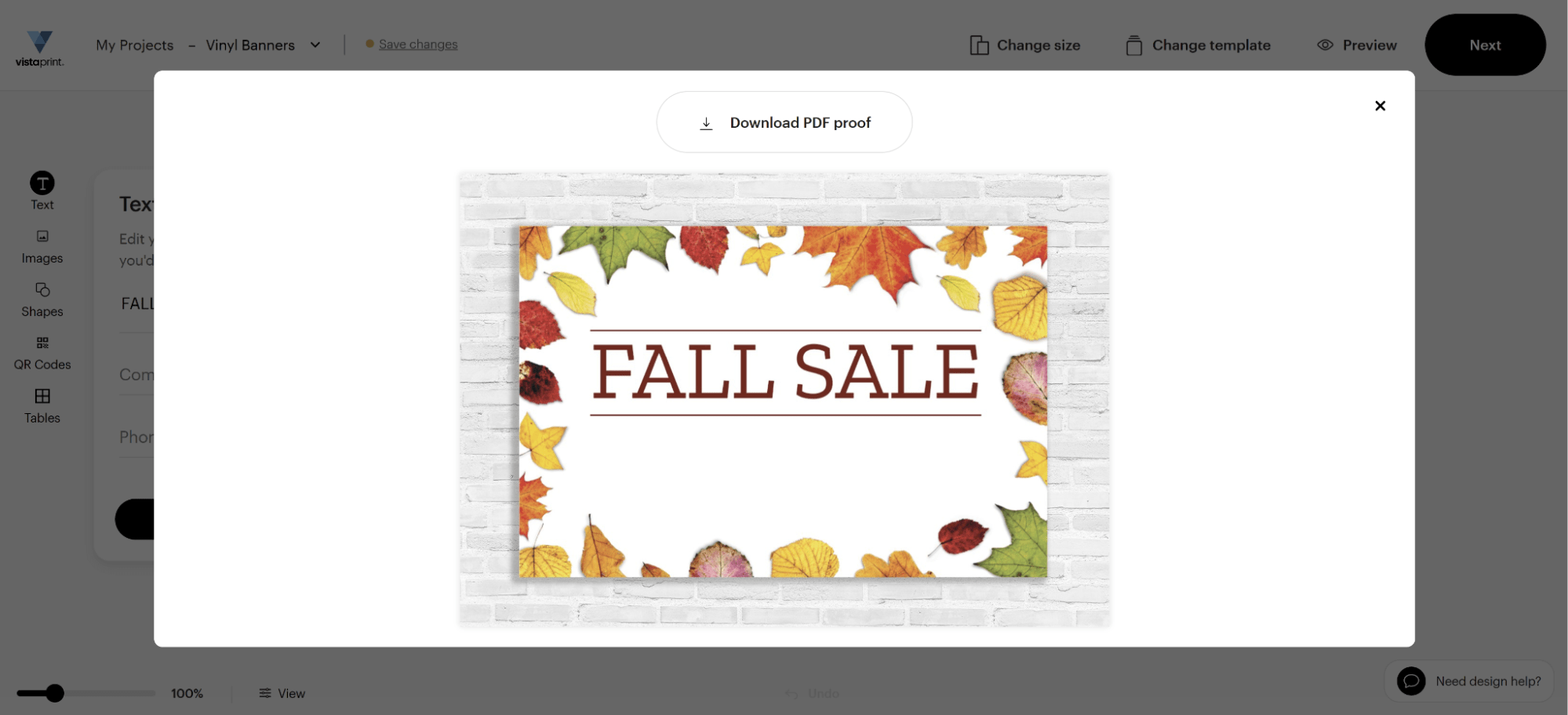 Fenêtre d’aperçu sur le site de VistaPrint.