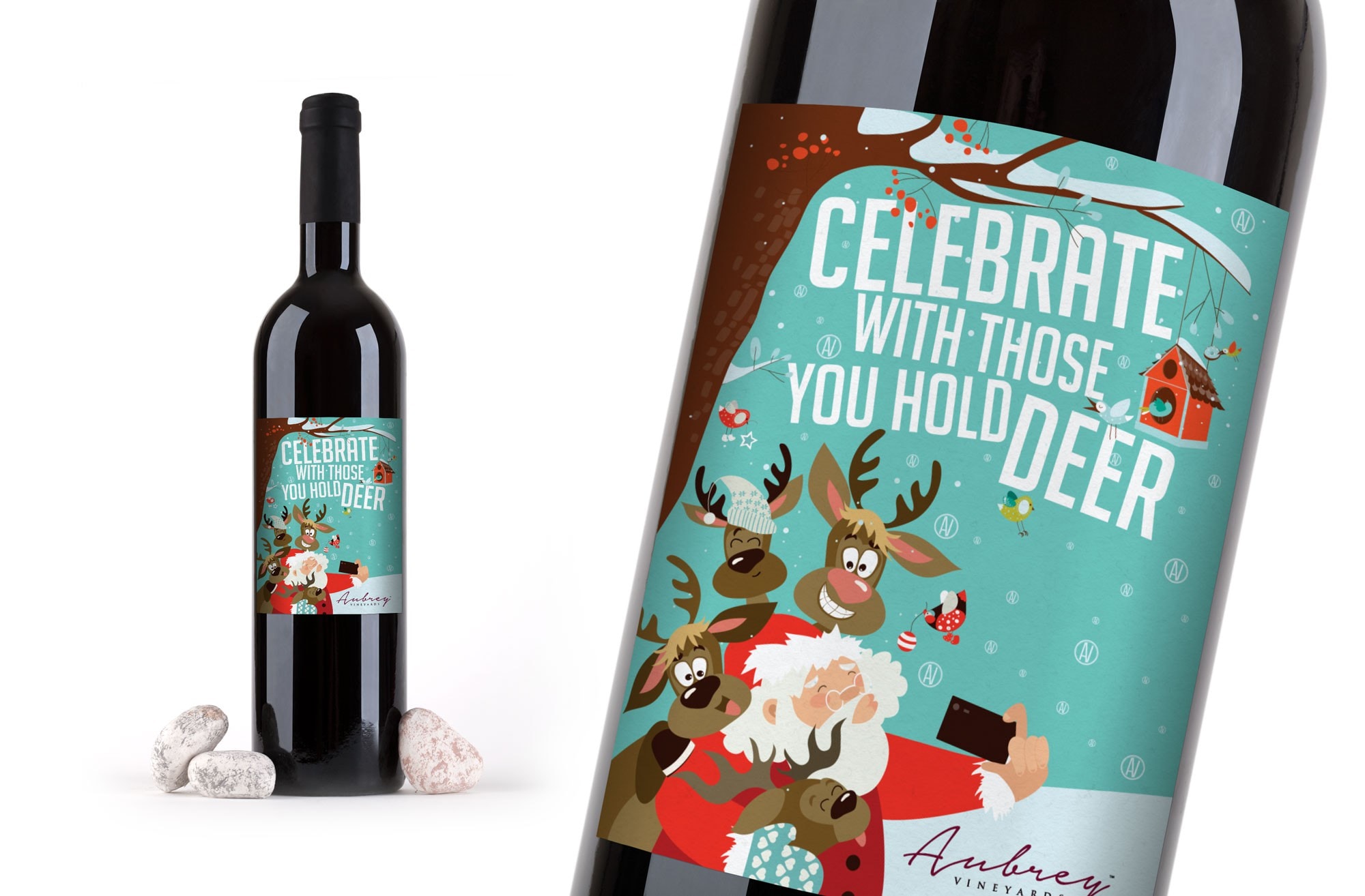 wine label showing Santa and reindeer against a tree