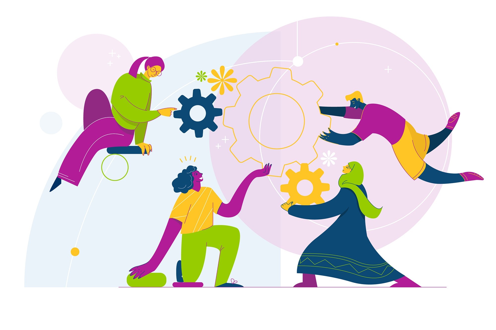 bold, colorful illustration of people working together with gears