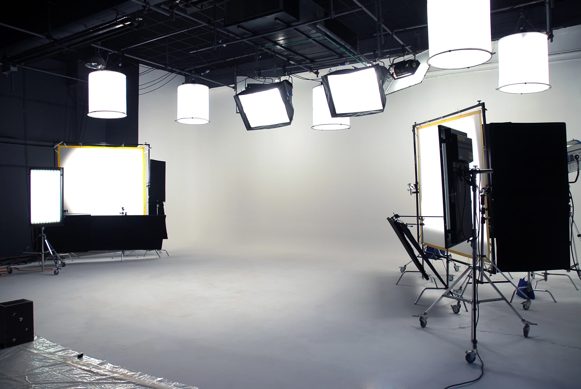 Interior of a professional photography studio with lighting set up