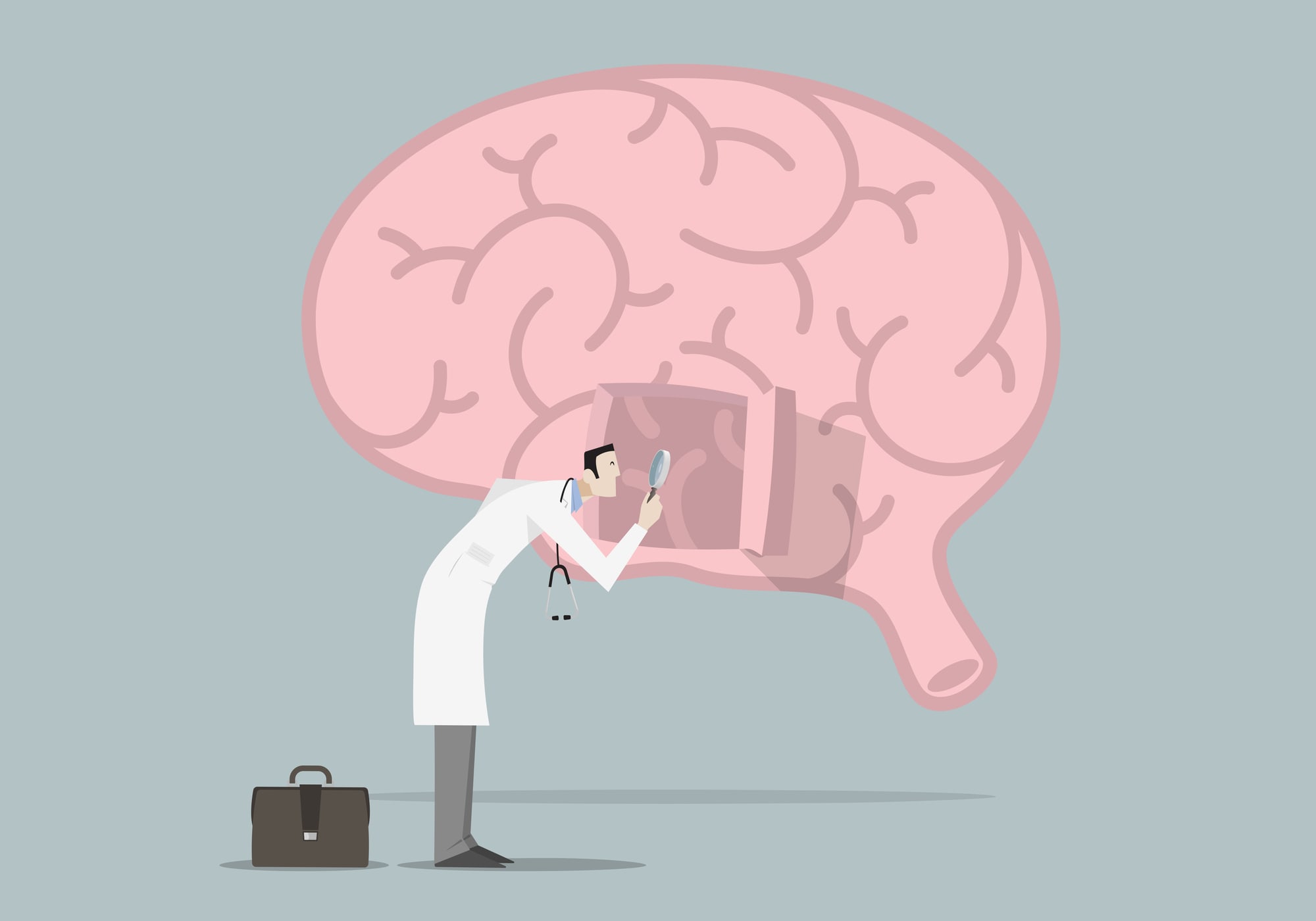 Brain Diseases Research Concept: Doctor with magnifying glass looking inside a brain.