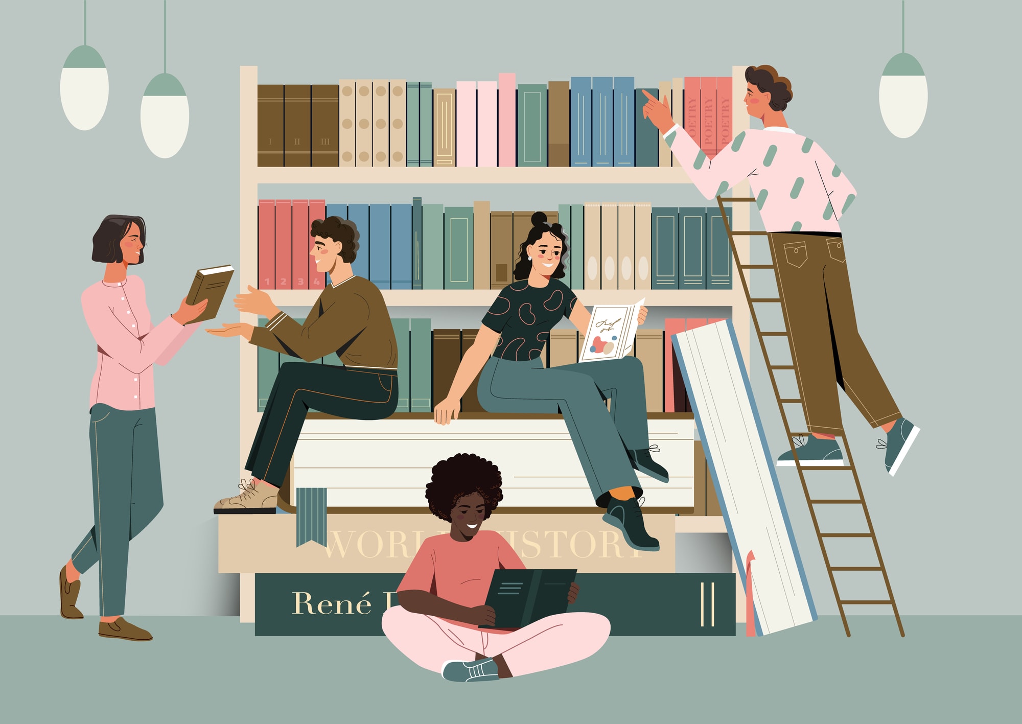 Illustration of book lovers in a library