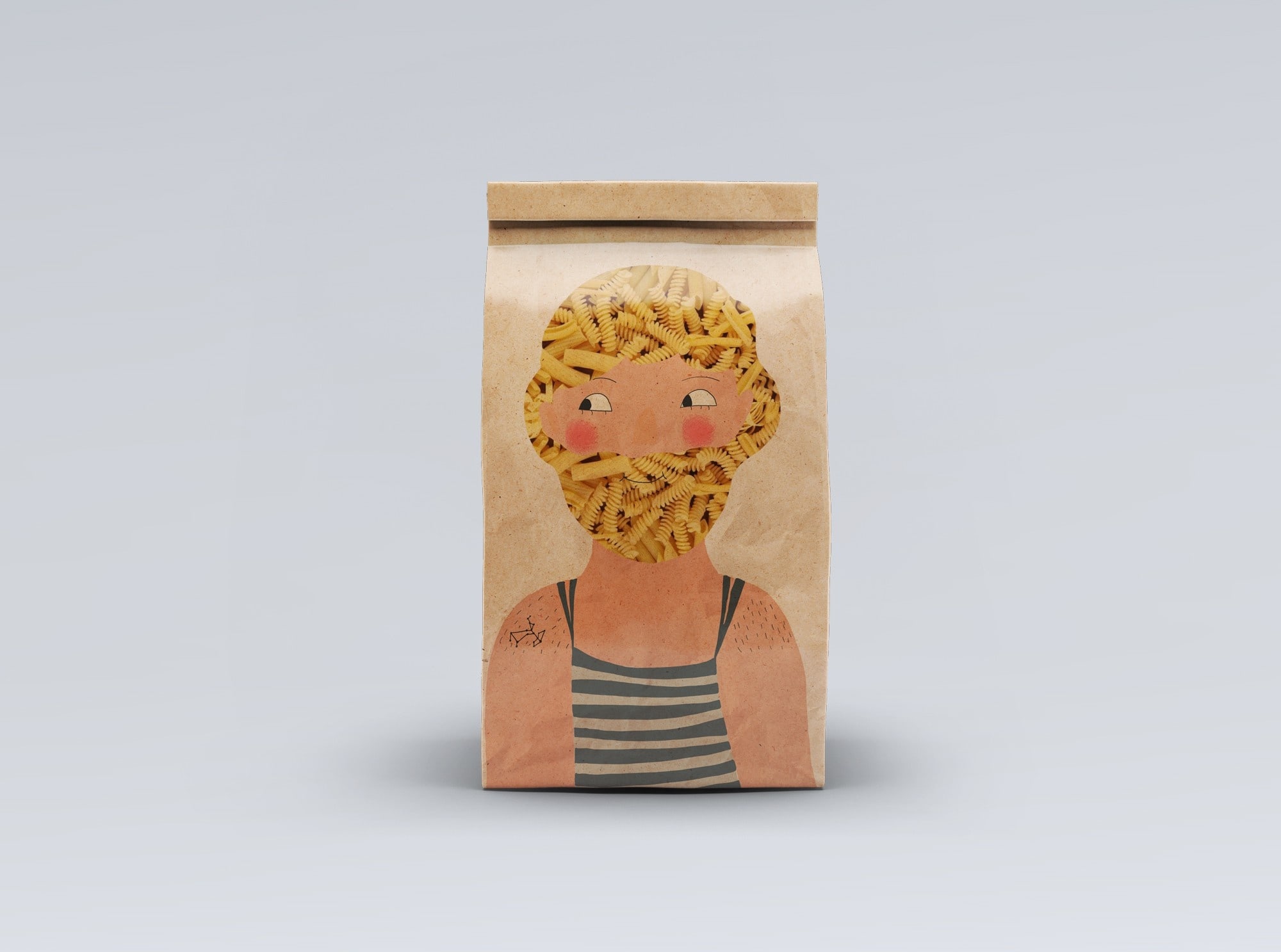 Unique pasta packaging in a brown paper bag.