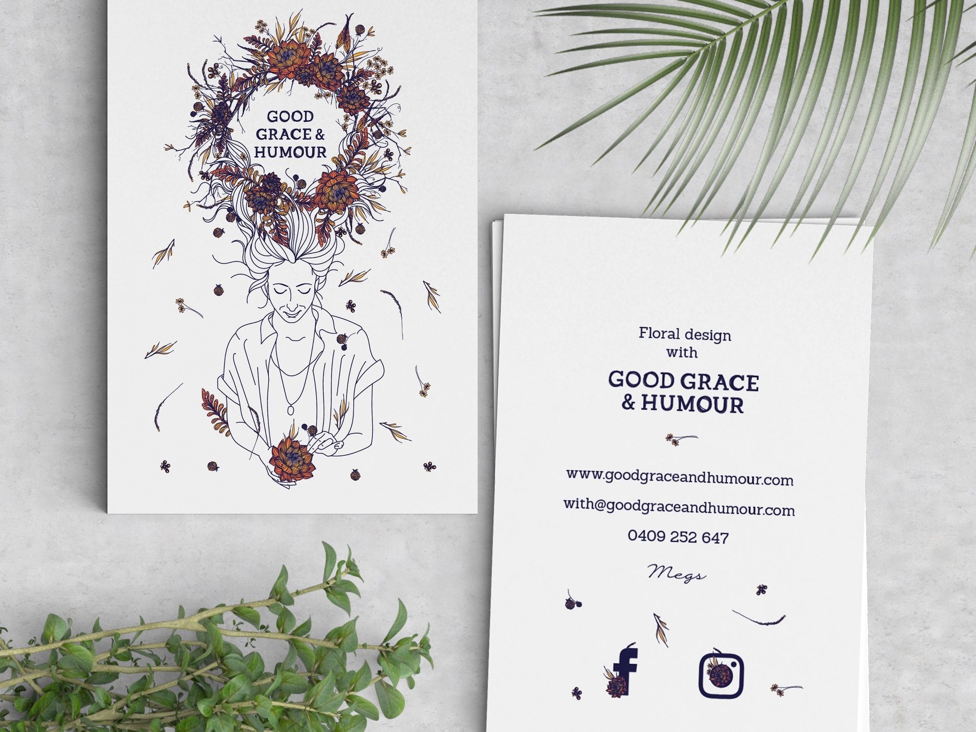line illustration style business card featuring a woman with a flower wreath made of her hair