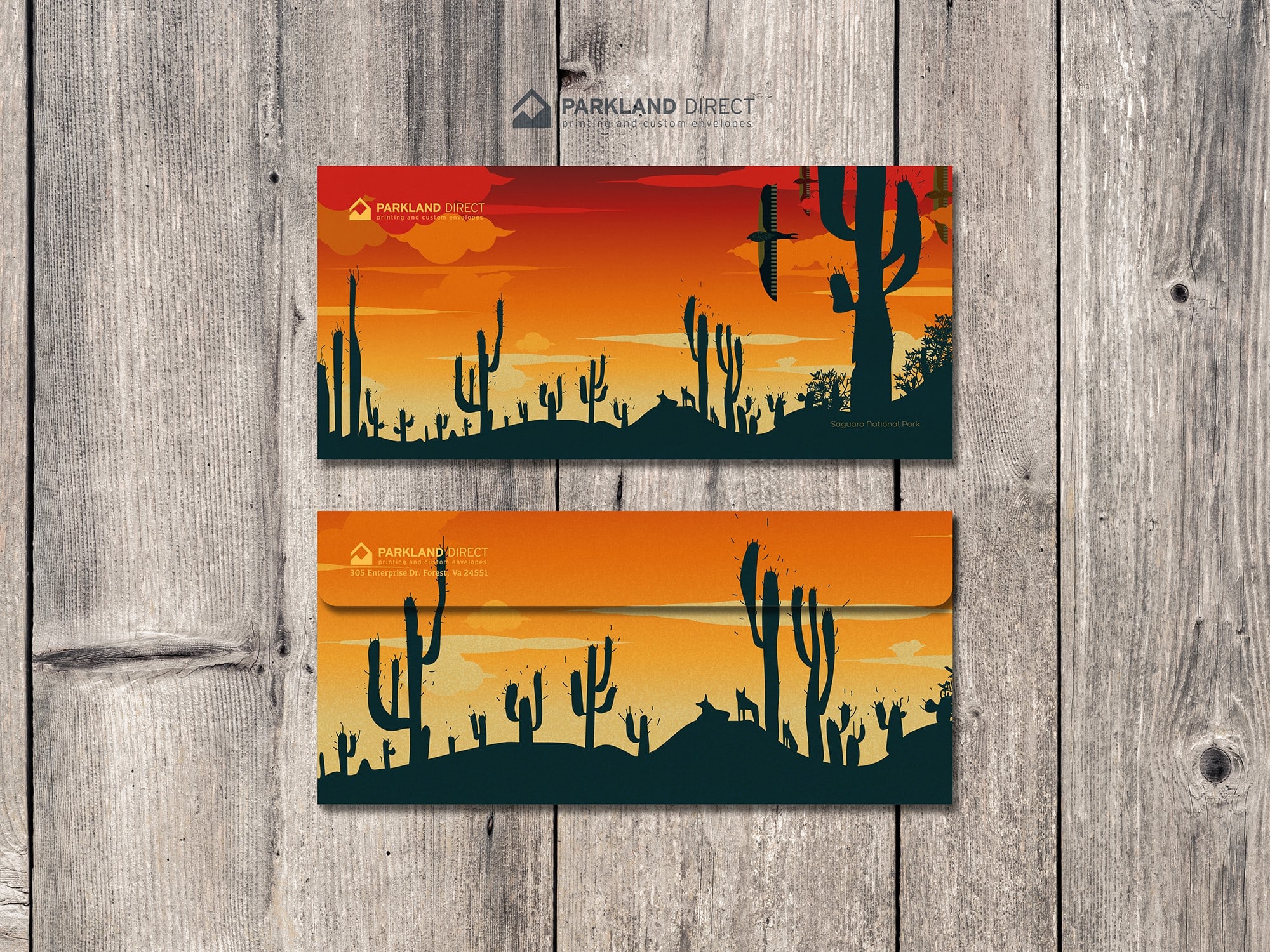 Colourful envelopes featuring desert landscapes