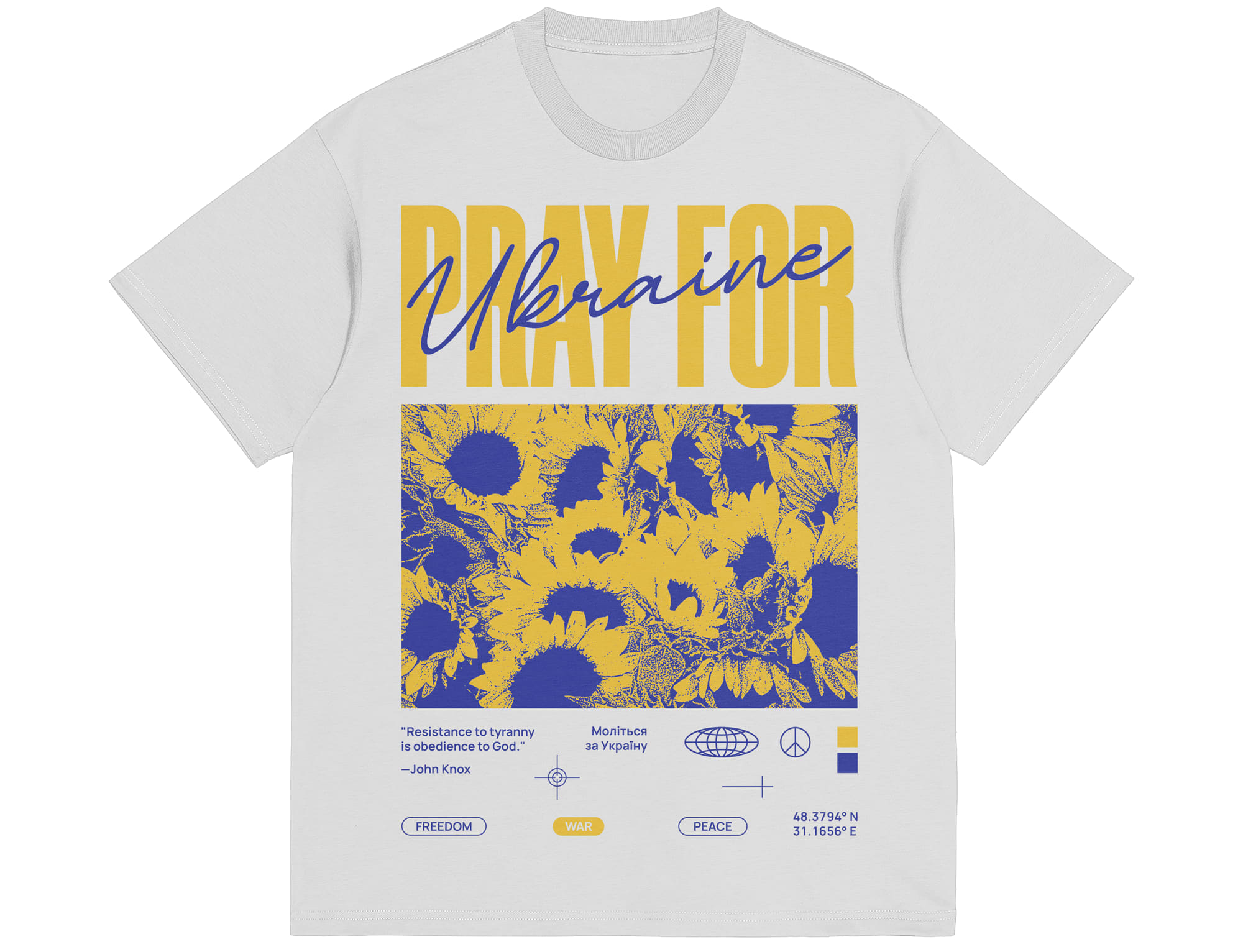 A promotional T-shirt in support of Ukraine with the slogan “Pray for Ukraine”