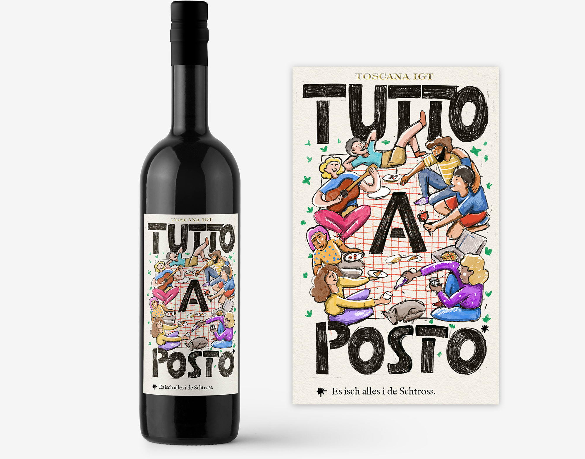 Étiquette de vin aux couleurs vives, ornée d’illustrations personnalisées et dessinées à la main, représentant la tendance de packaging 2026 Signature d’artiste