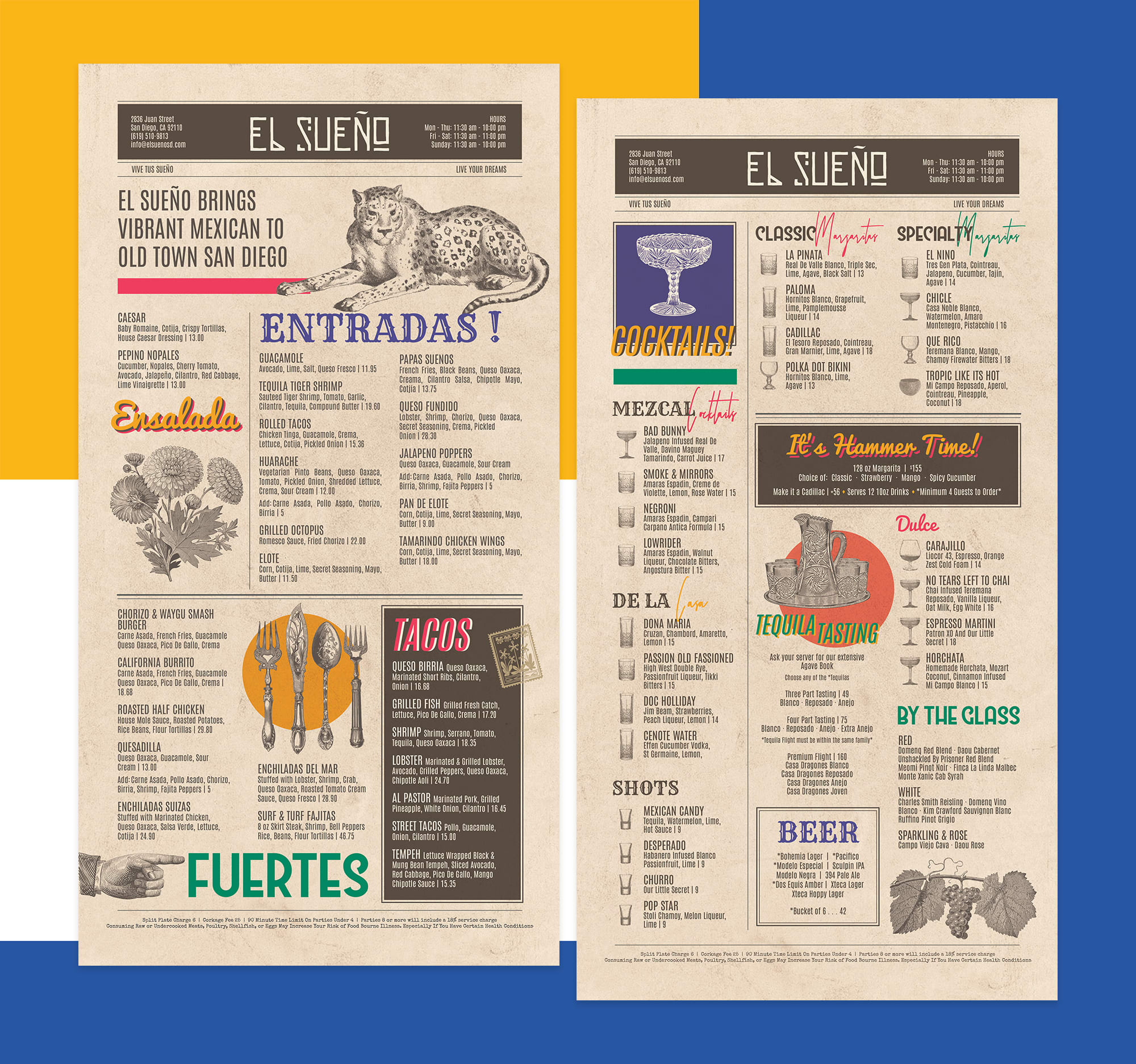 Menu d'un restaurant mexicain avec des illustrations de style vintage