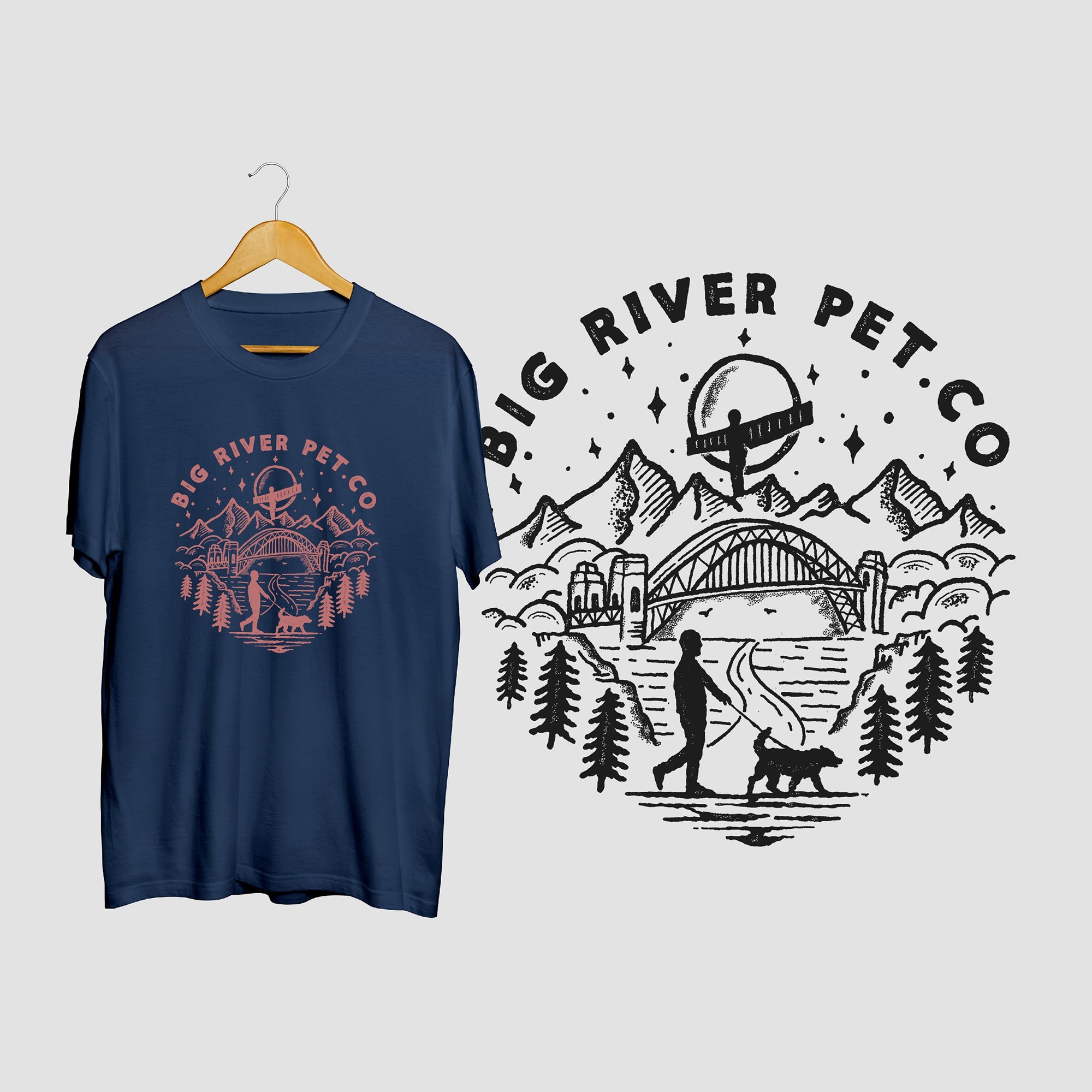 merchandise branding with dark blue tshirt with an image of a man and dog in pink