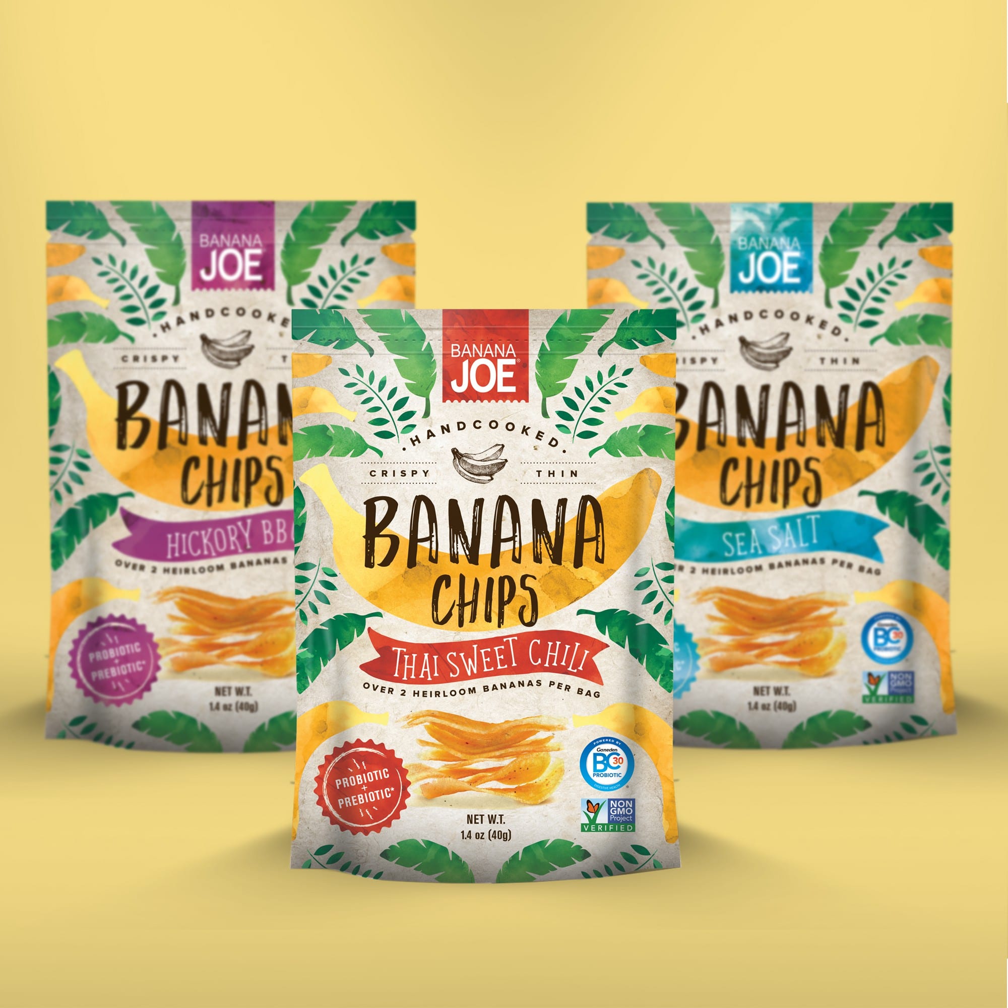 Design d'emballage illustré et plein de couleurs pour une marque de chips à la banane