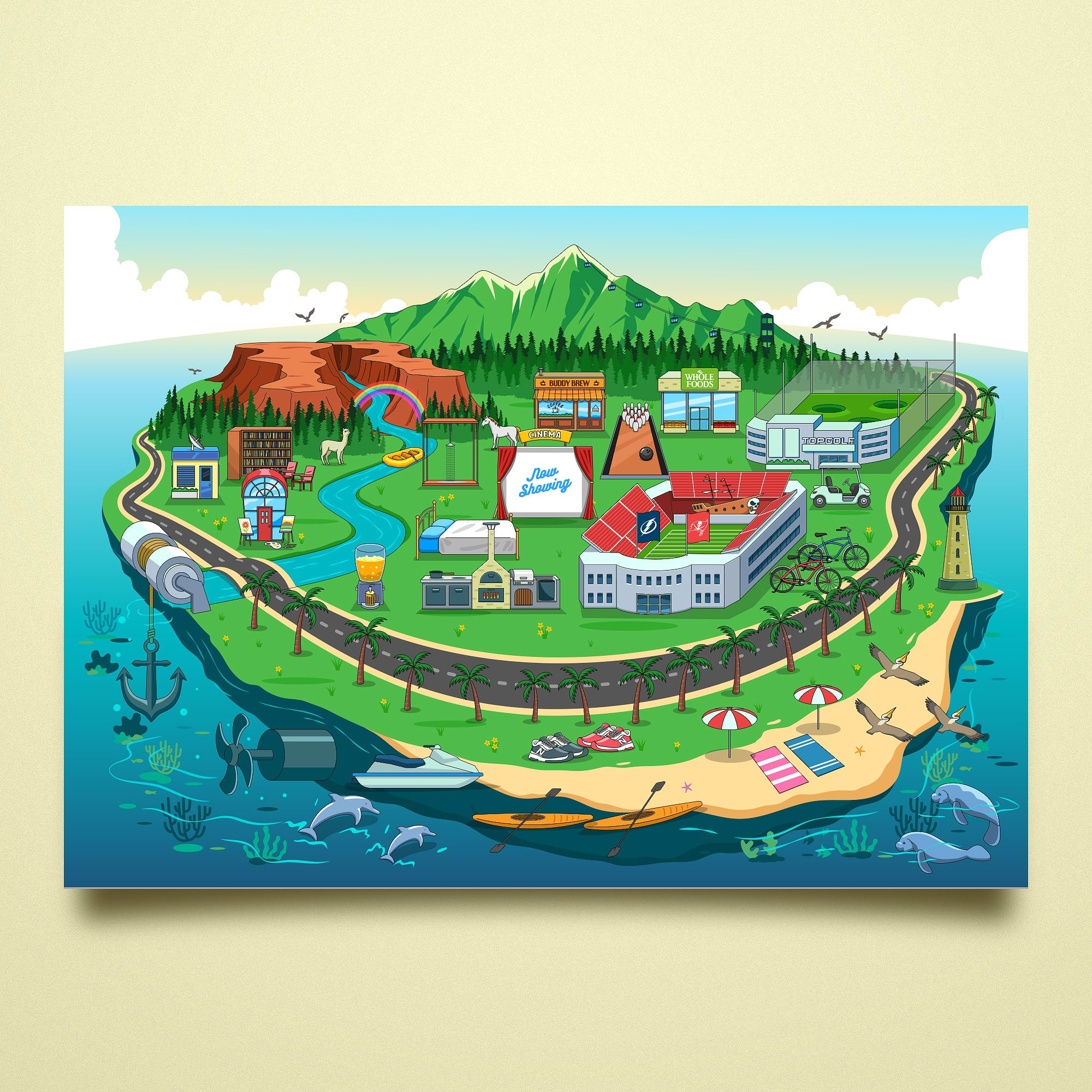 Illustration einer Inselkarte mit Sportstadien