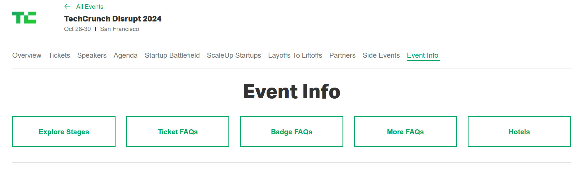 Screenshot of the event information available on the official TechCrunch Disrupt 2024 website