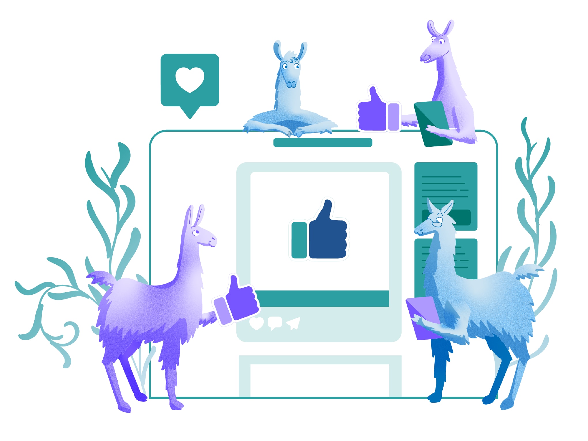 Illustration of llamas working on a website