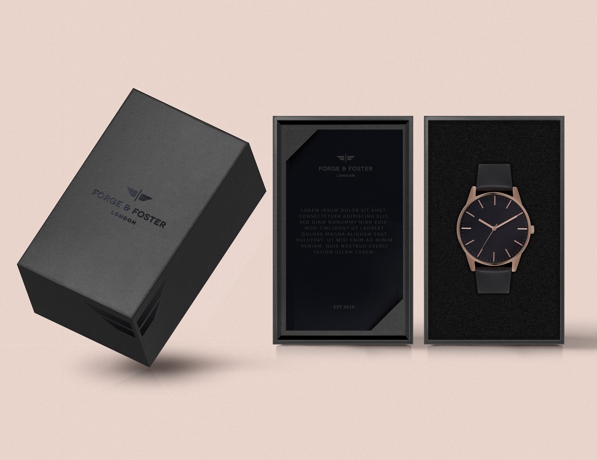 all-black watch box with an embossed wordmark logo